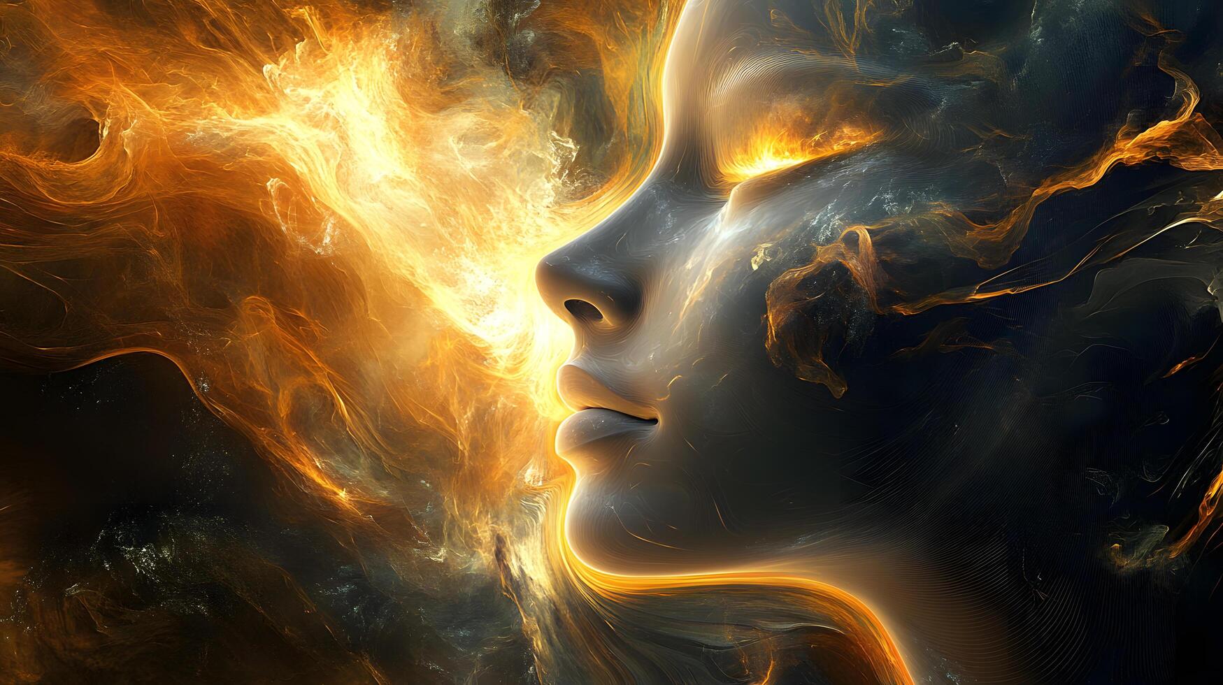 A woman's face is shown in a space filled with orange and black colors photo
