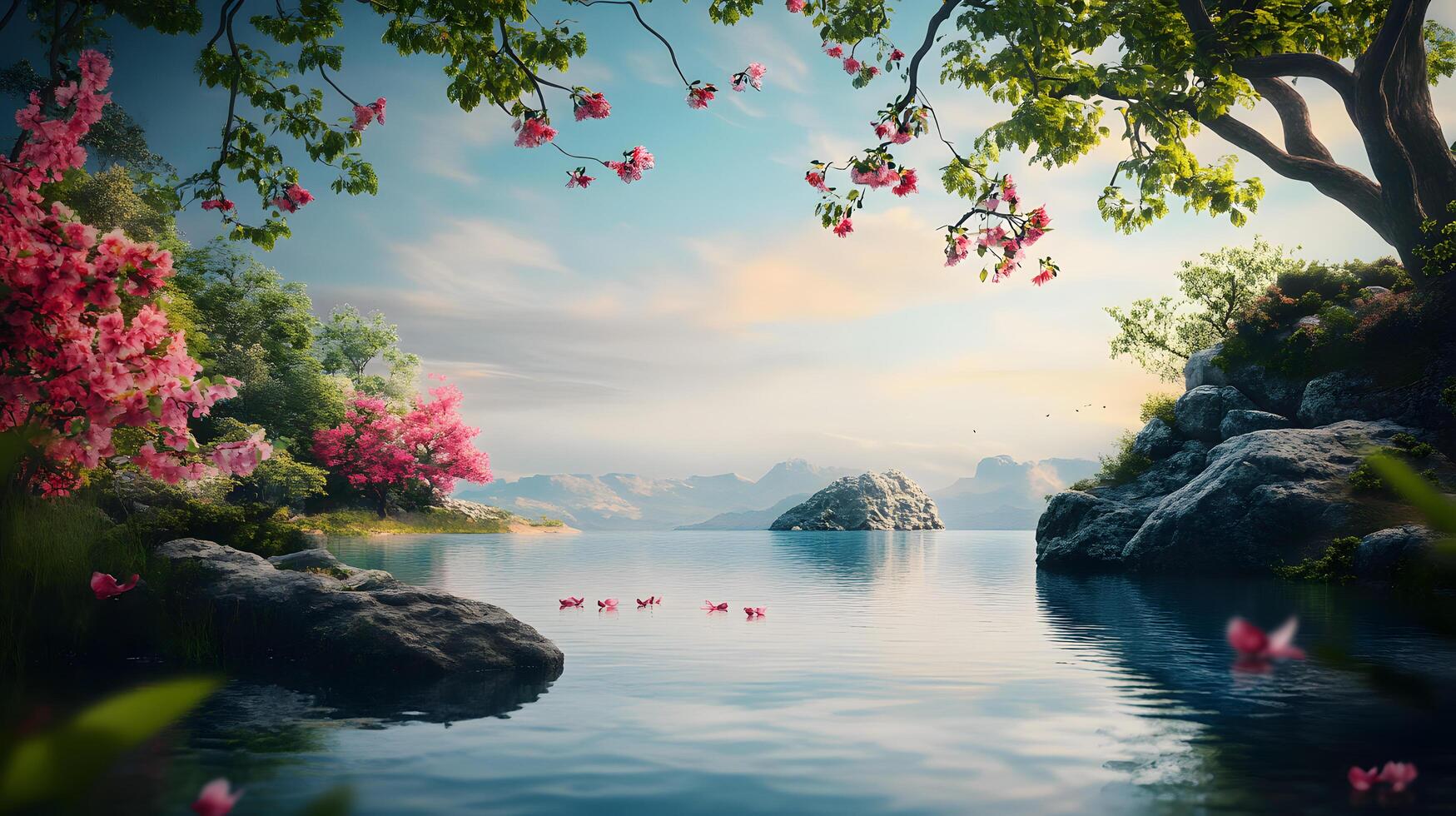 A beautiful scene of a river with pink flowers on the trees photo