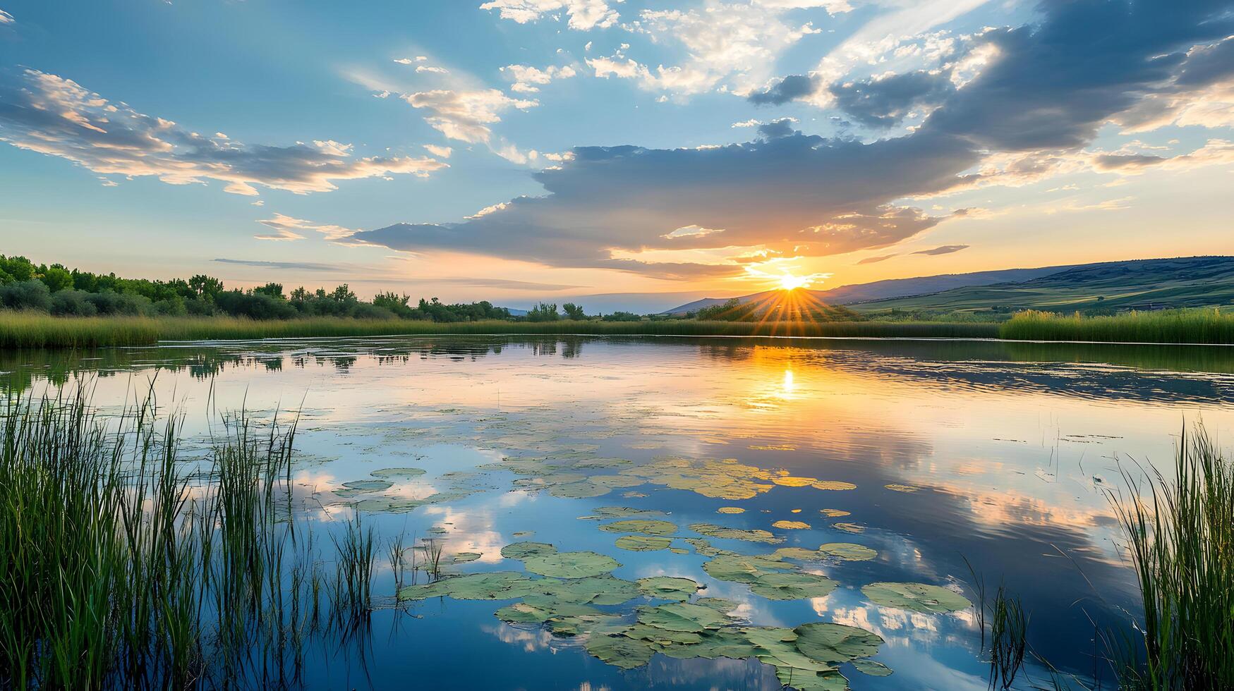 A lake with a beautiful sunset in the background photo