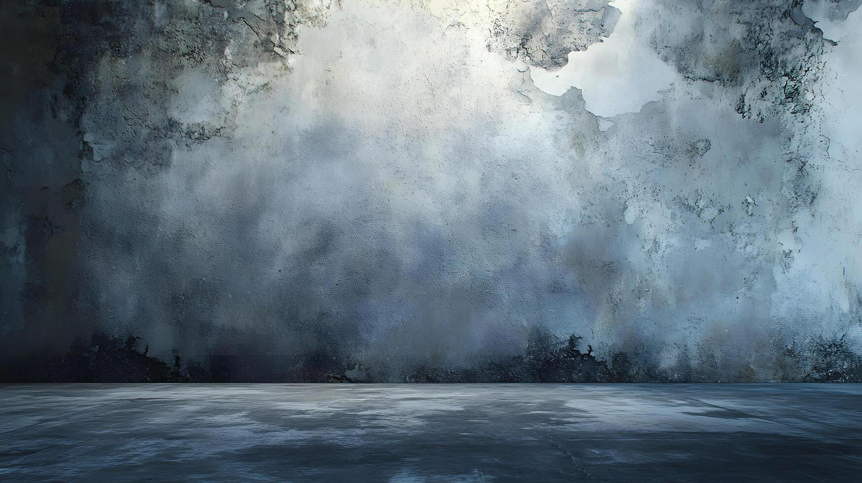 A large, empty room with a wall covered in paint splatters photo