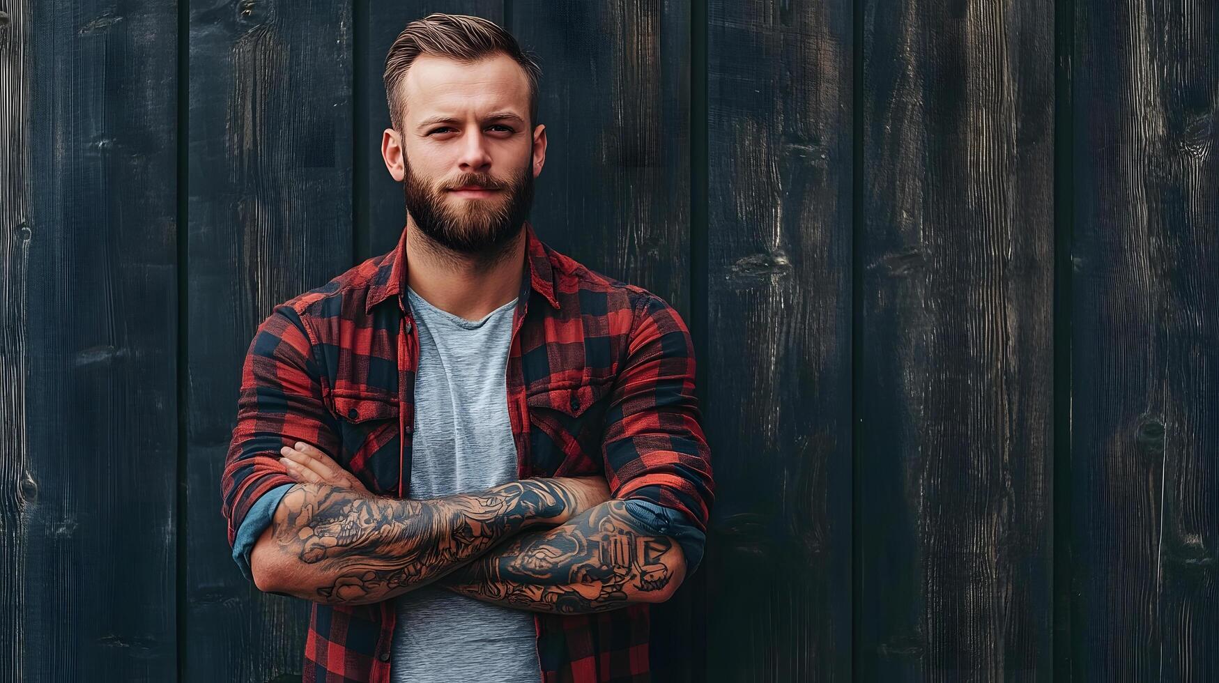 A man with a beard and tattoos stands in front of a wooden wall photo