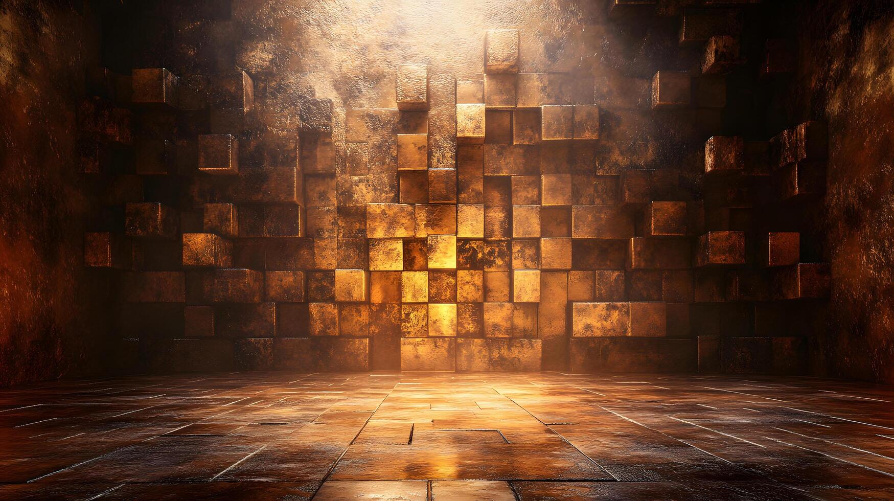 A room with a wall made of blocks and a floor made of tiles photo