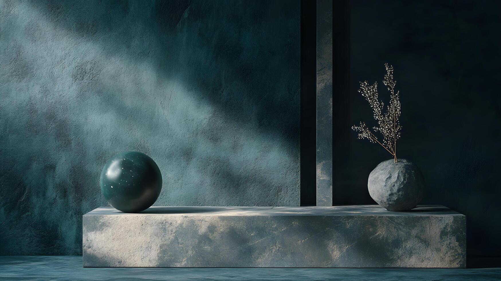 A black and white photo of a vase and a ball on a table