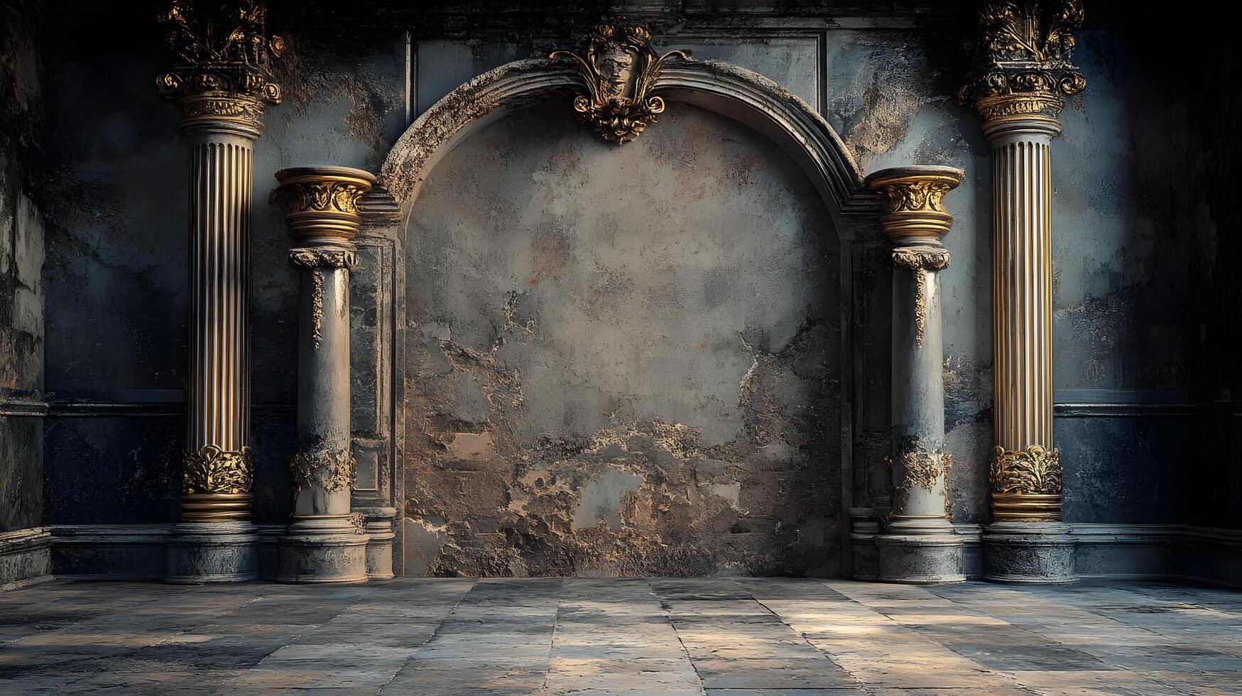 A large, empty room with two pillars and a large archway photo