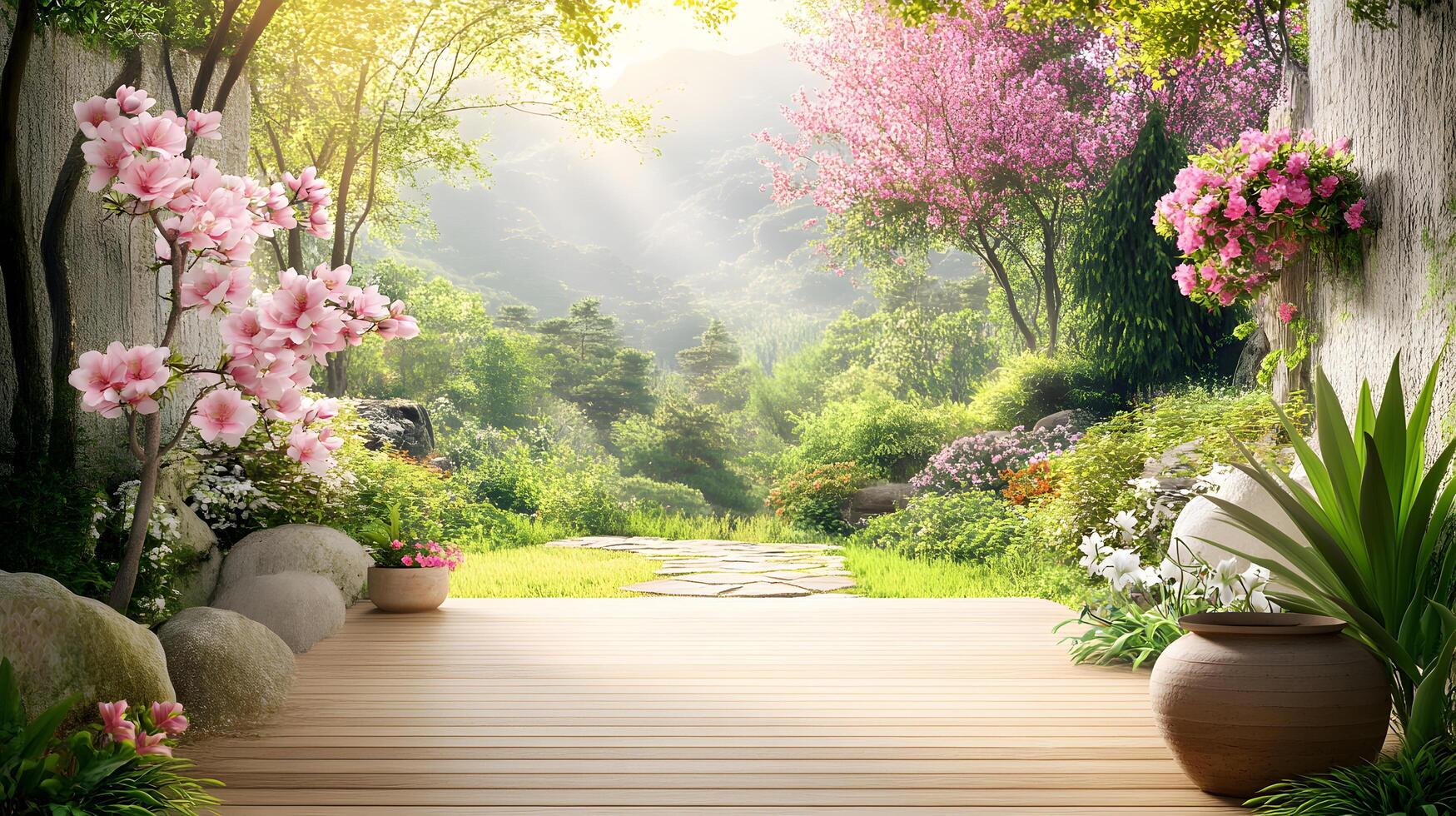 A beautiful garden with a path leading through it photo
