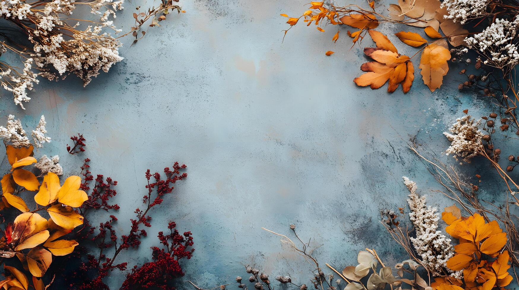 A blue background with a bunch of leaves and flowers photo