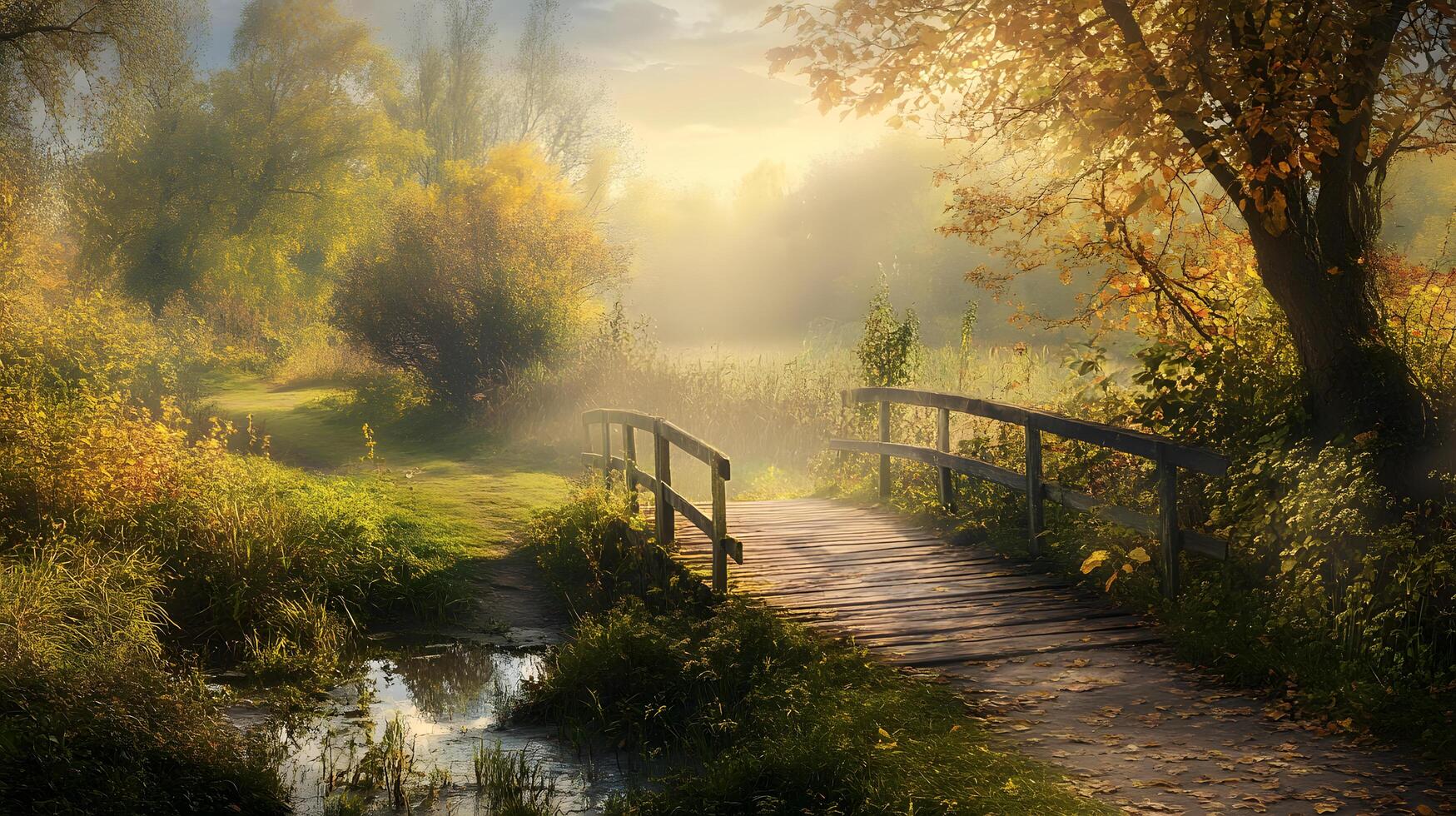 A bridge over a pond with a tree in the background photo