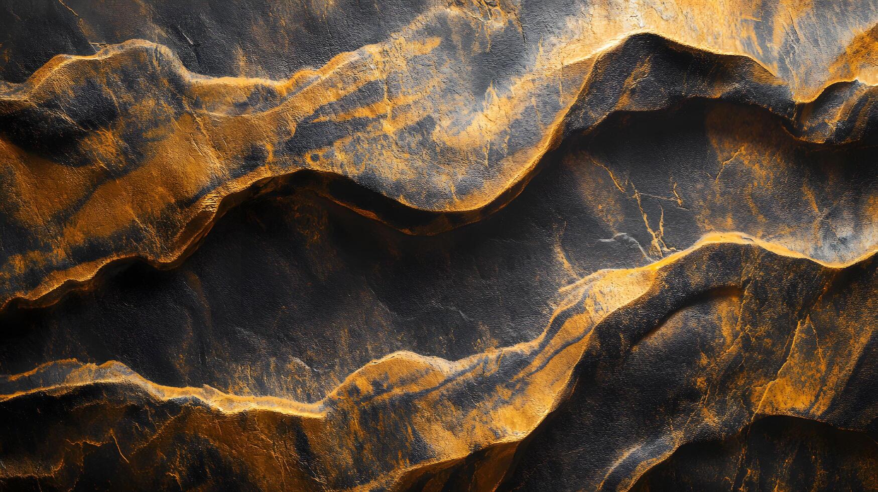 A black and gold painting of a mountain range photo