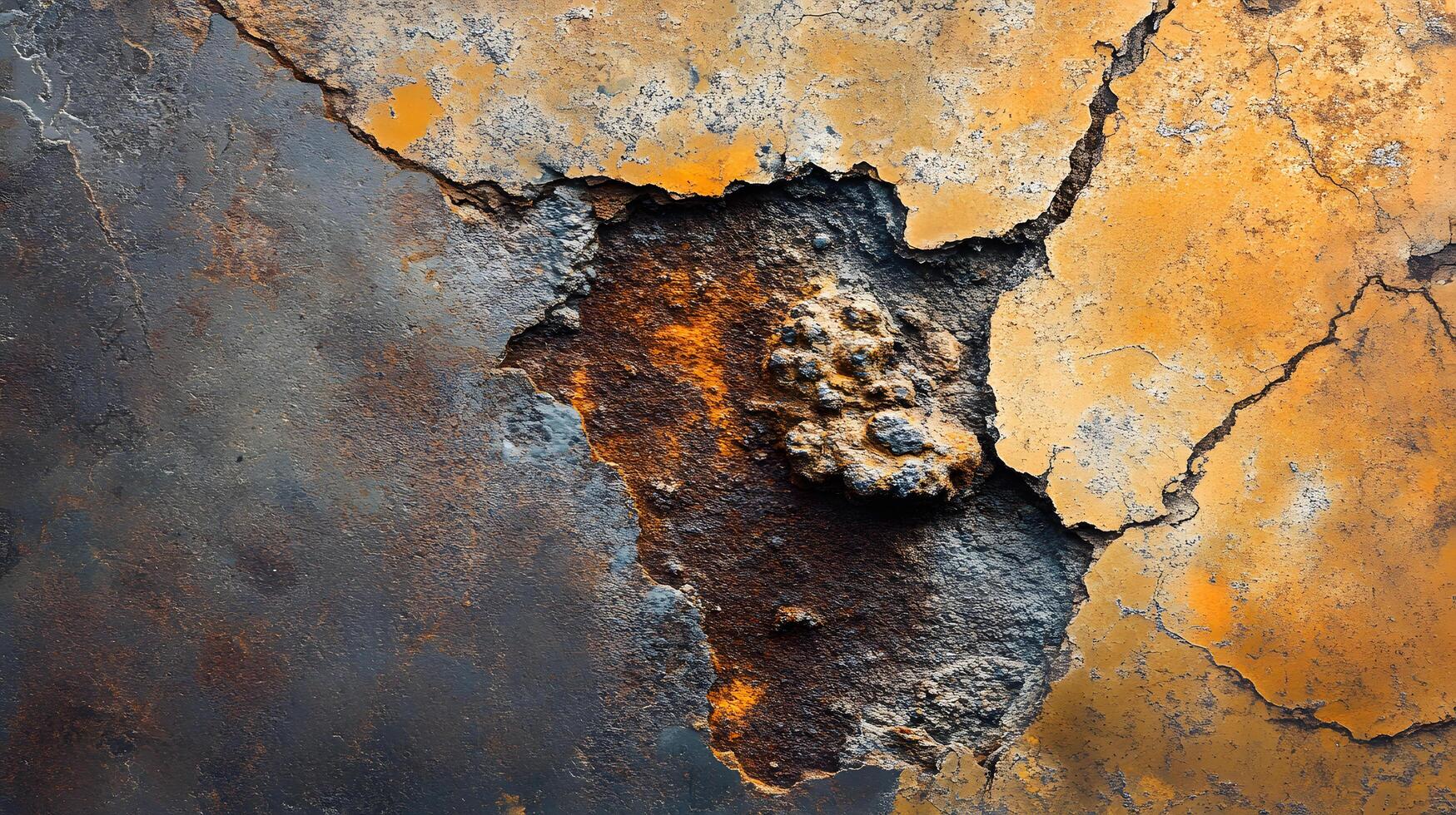 A cracked and broken surface with a lot of rust and debris photo
