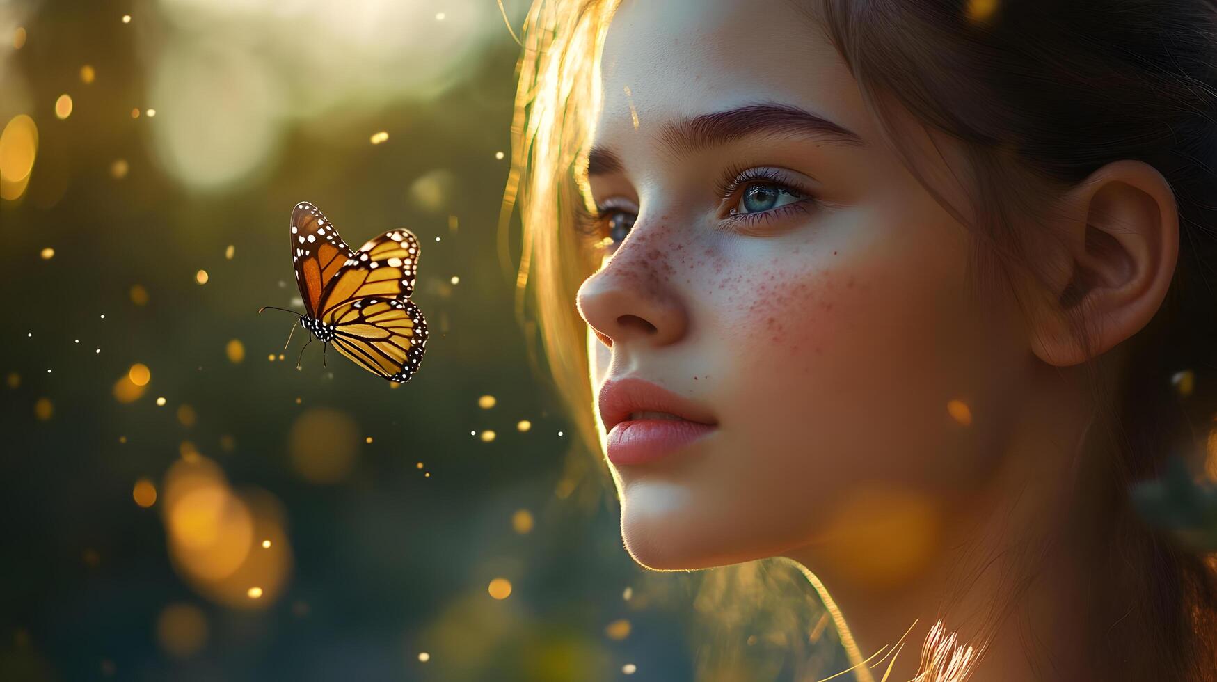 A woman is looking at a butterfly photo