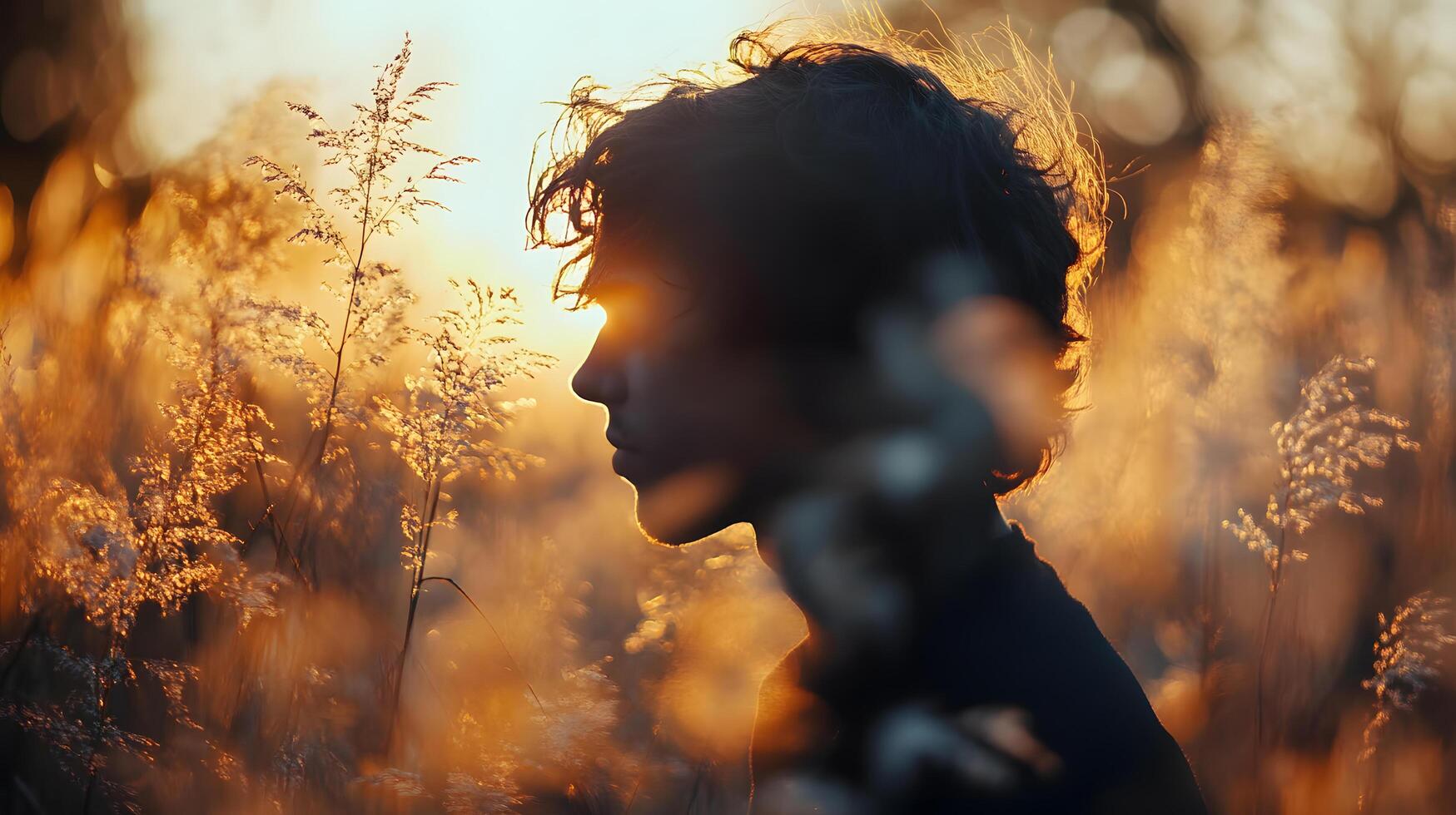 A man is standing in a field of tall grass with the sun shining on him photo