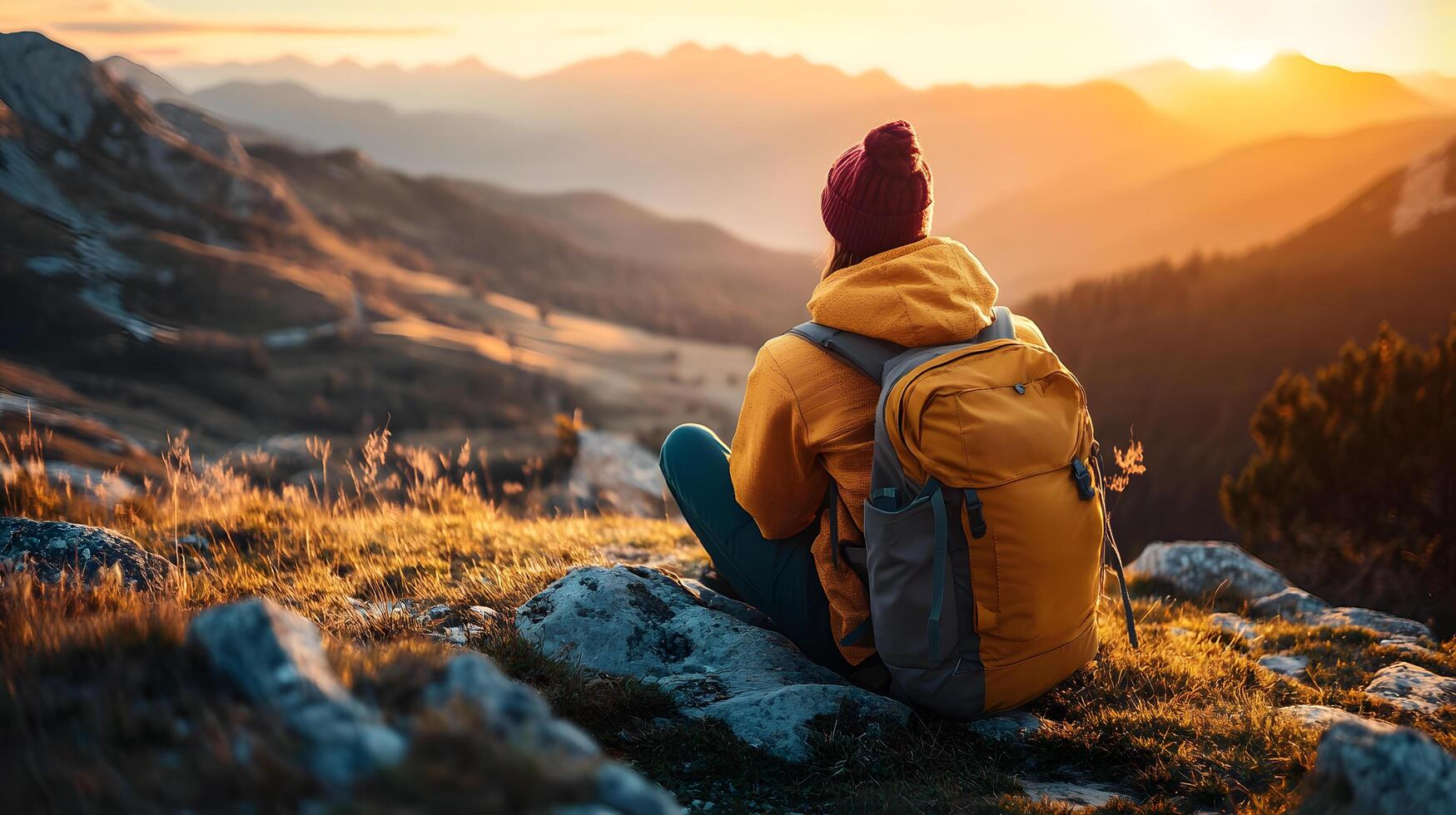 A person is sitting on a rock with a backpack on photo