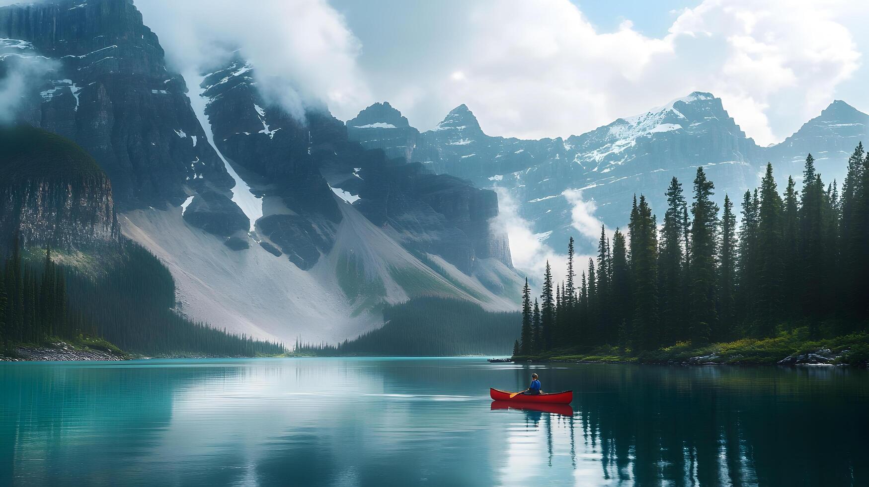 A man in a red canoe is paddling on a lake surrounded by mountains photo