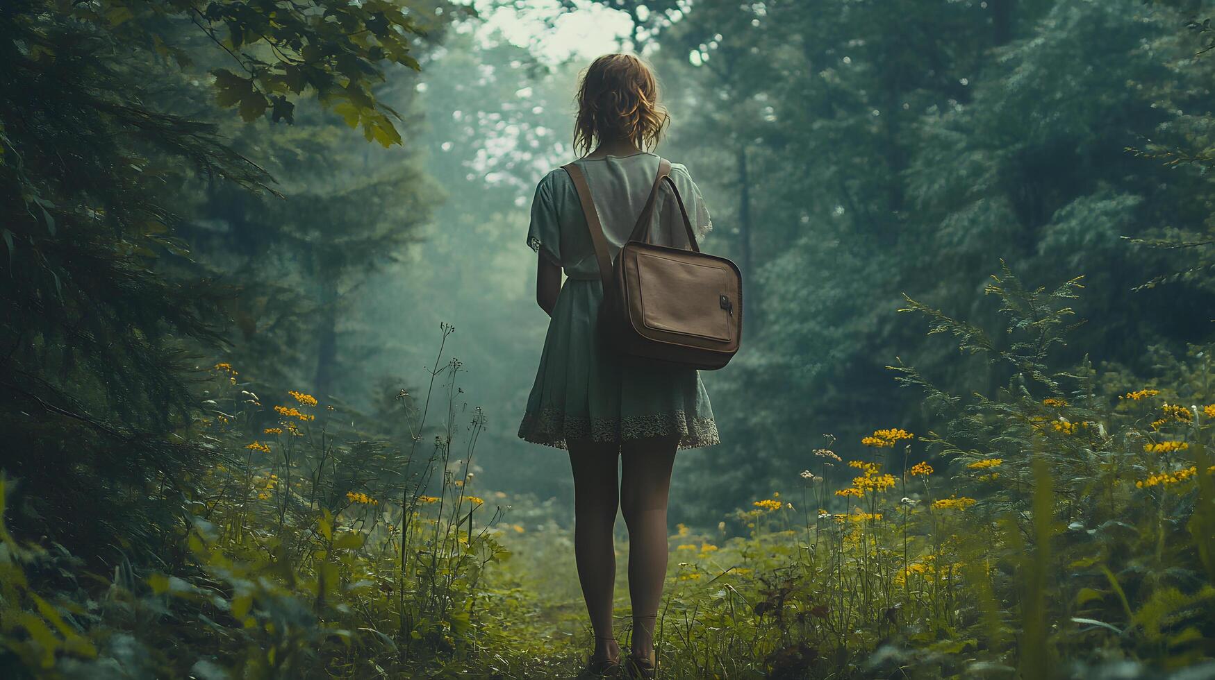 A woman is walking through a forest with a brown bag on her back photo