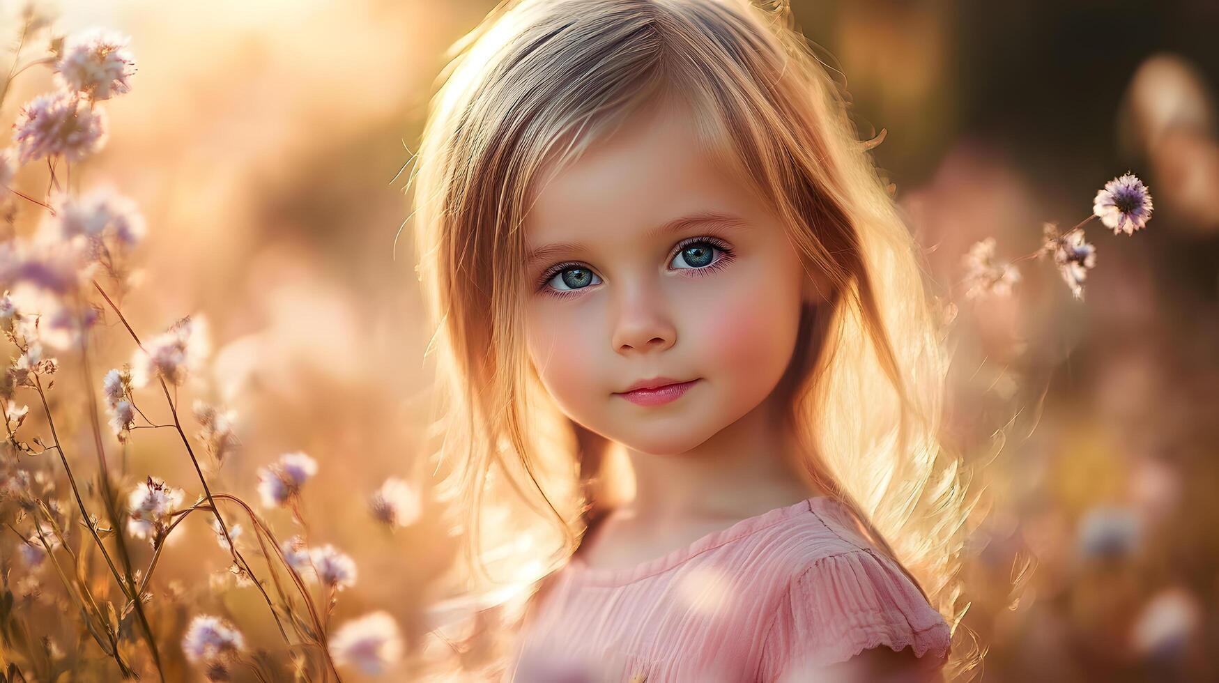 A young girl is standing in a field of flowers photo