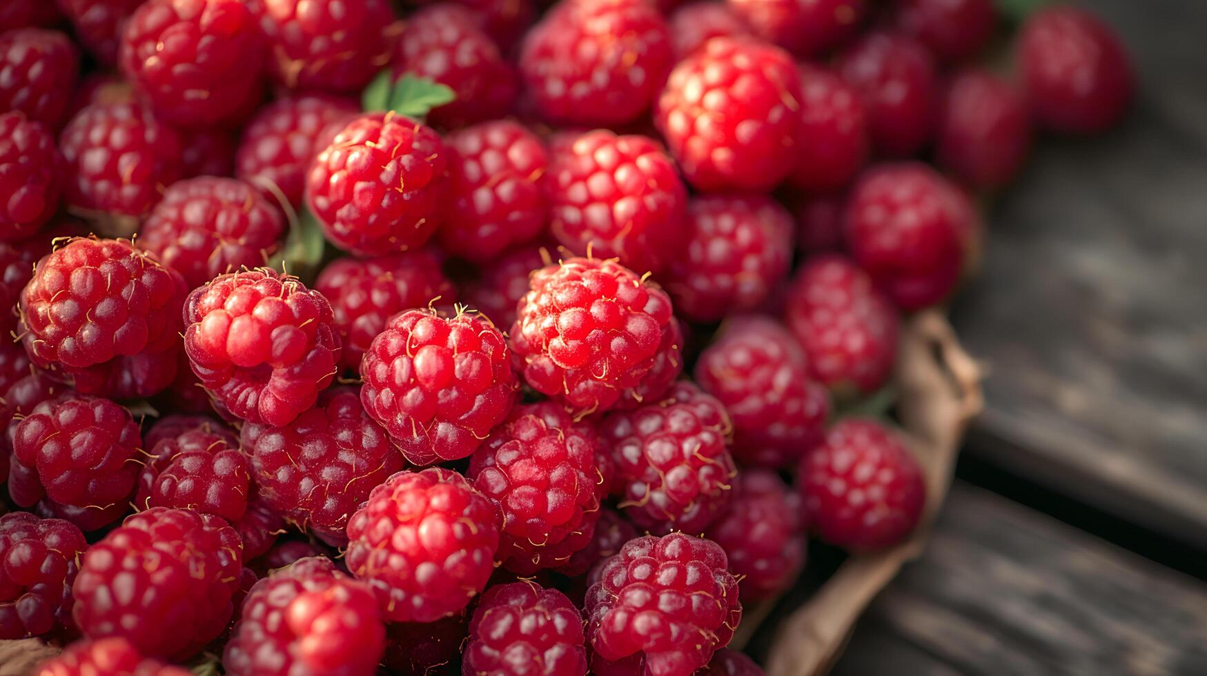 A bunch of red raspberries on a wooden table photo