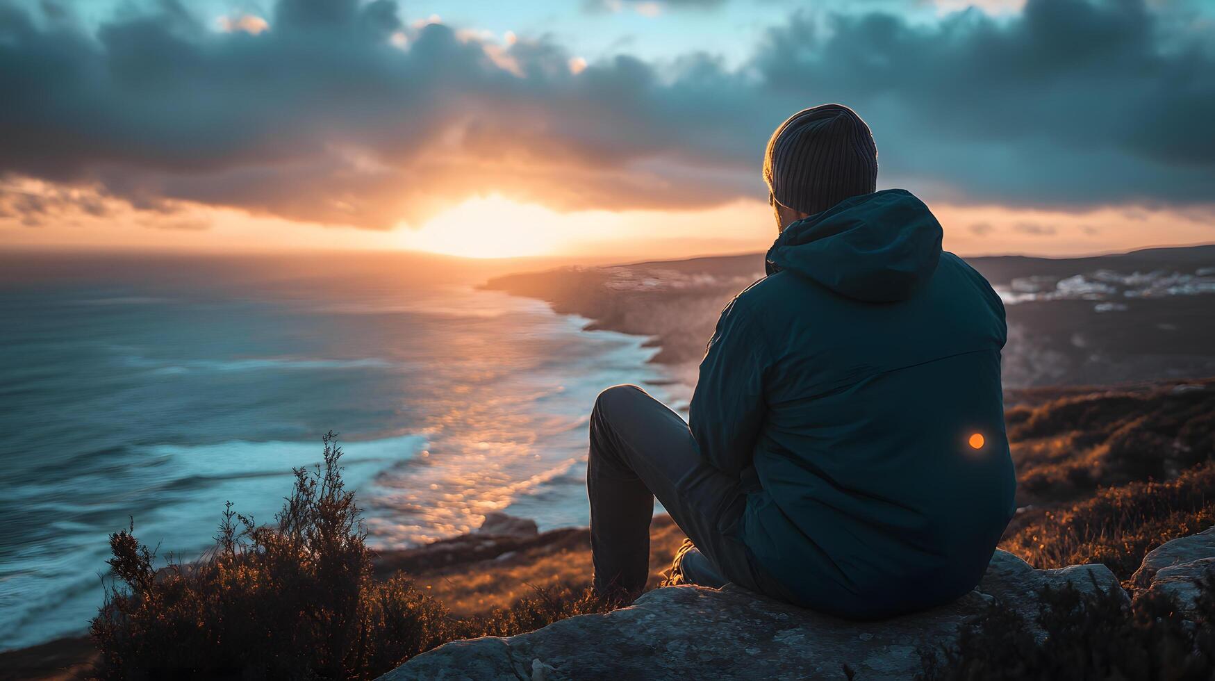 A man sits on a rock overlooking the ocean photo