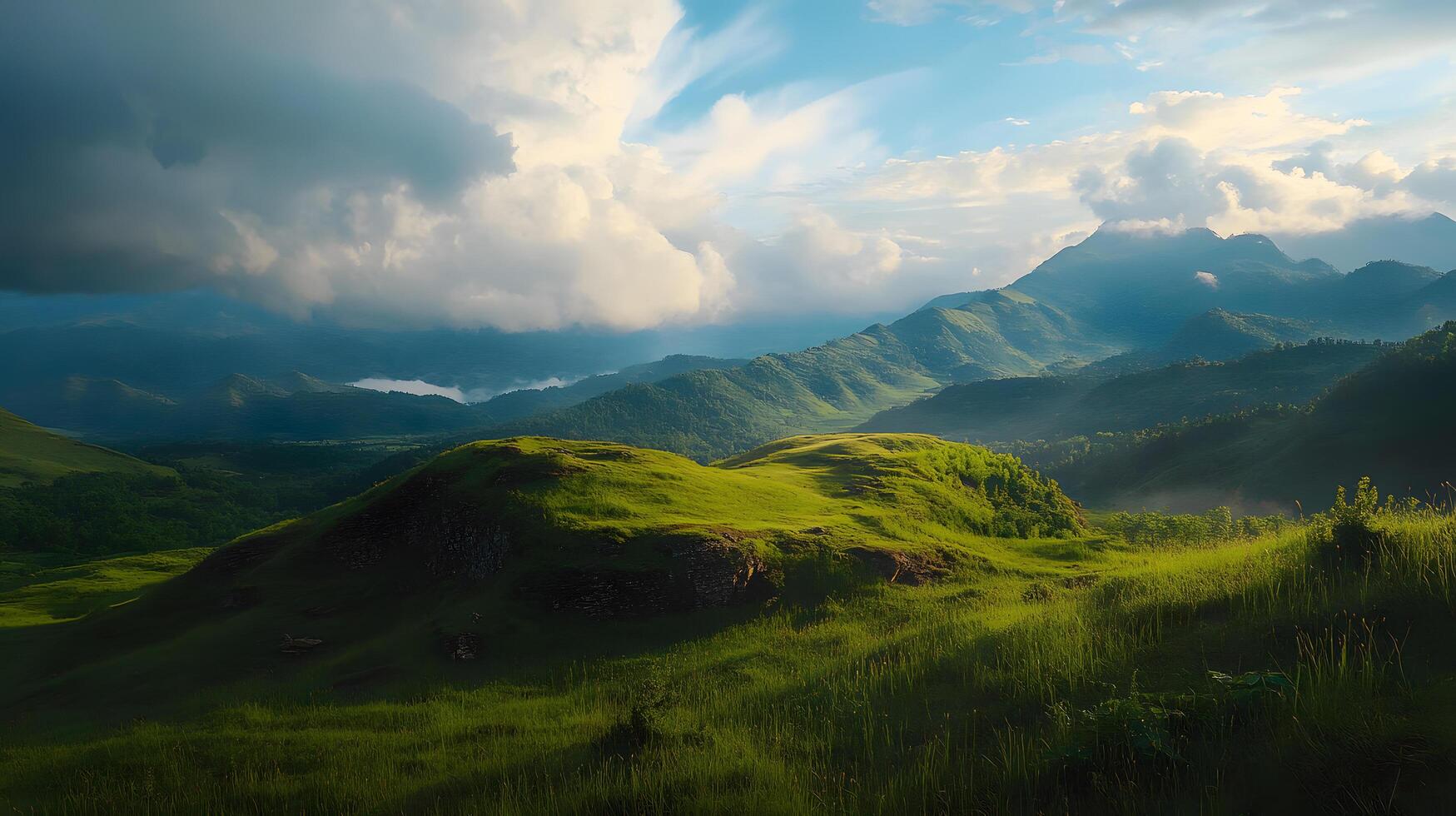 A mountain range with a cloudy sky and a green hillside photo