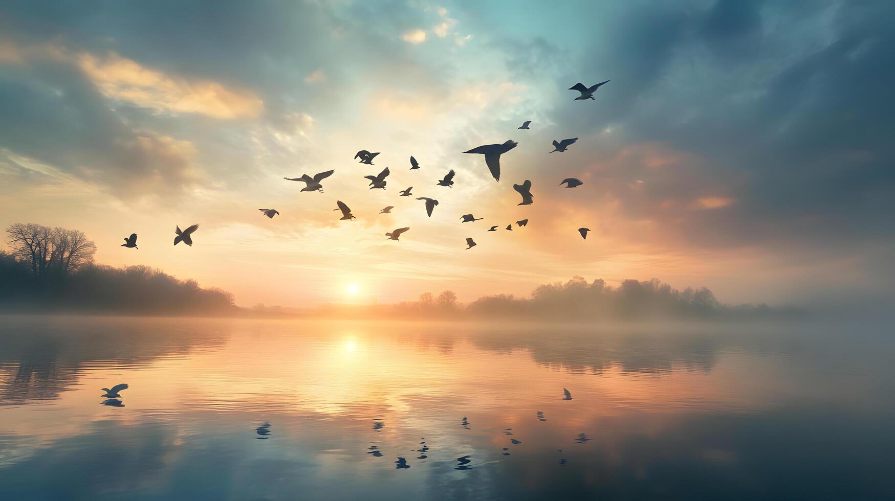 A flock of birds flying over a lake at sunset photo