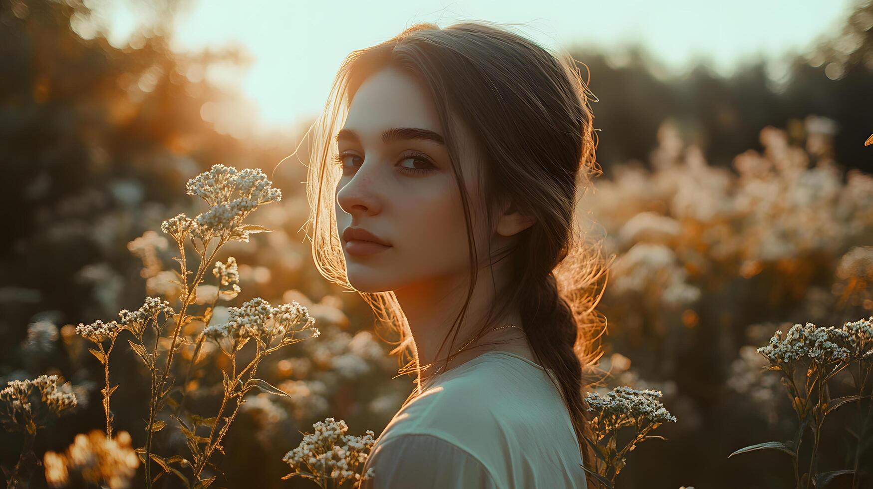 A woman is standing in a field of flowers photo