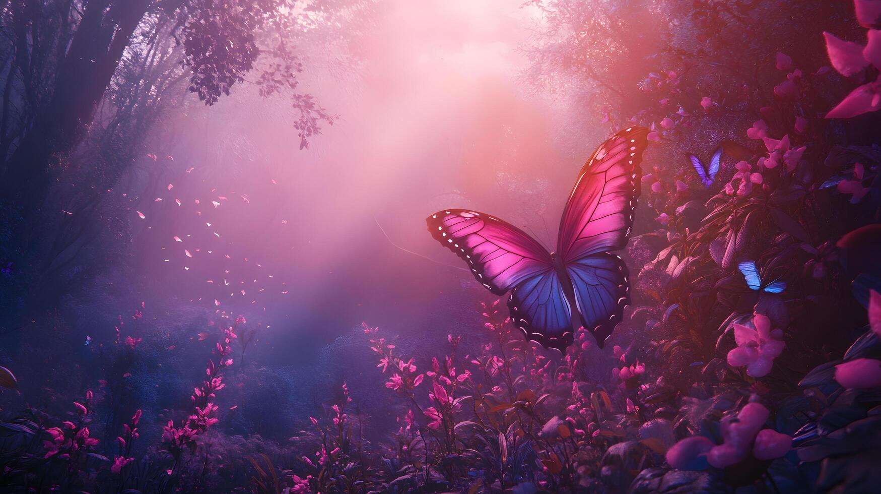A butterfly is flying in a forest with pink flowers photo