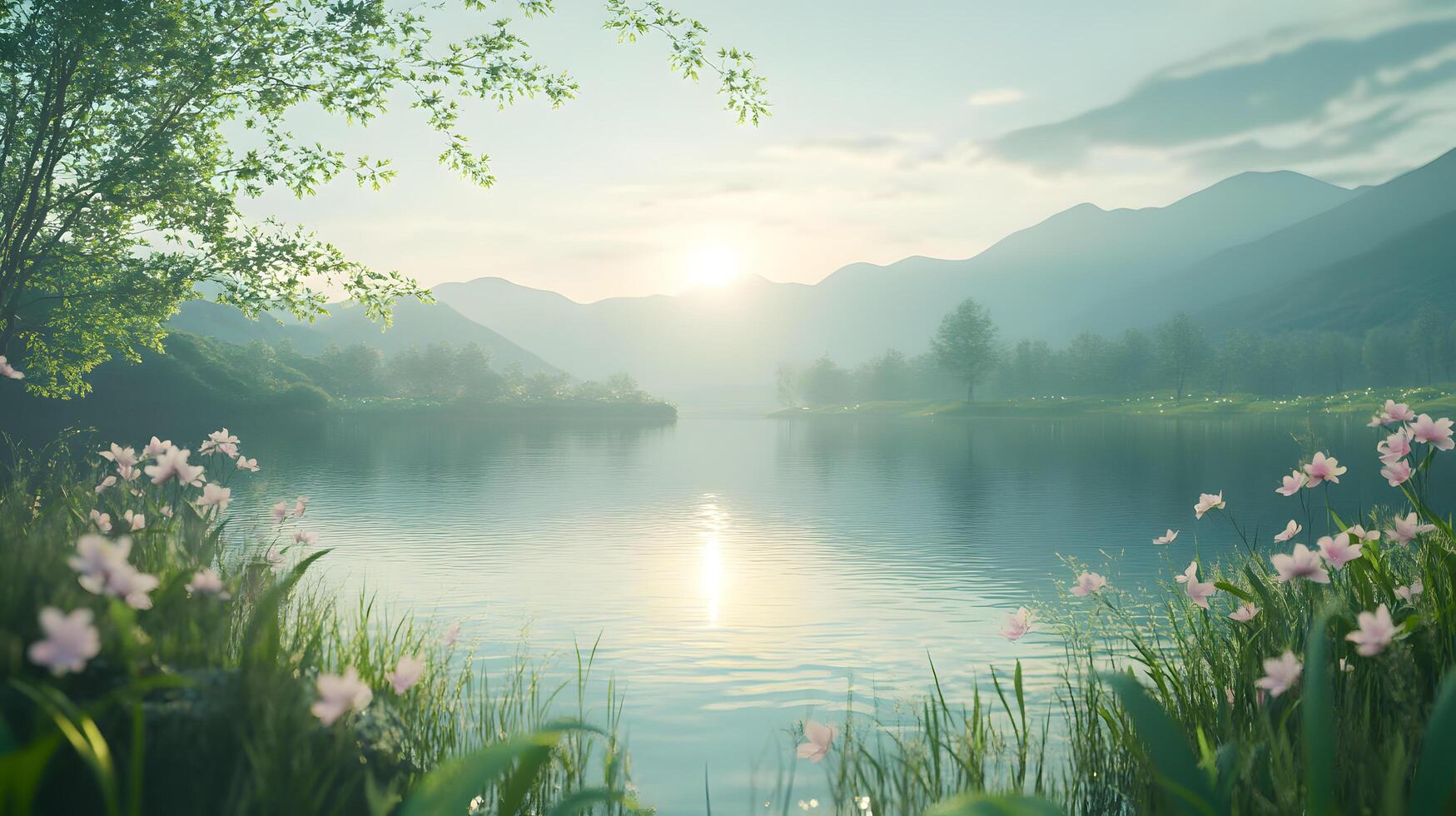 A serene lake with a beautiful mountain range in the background photo