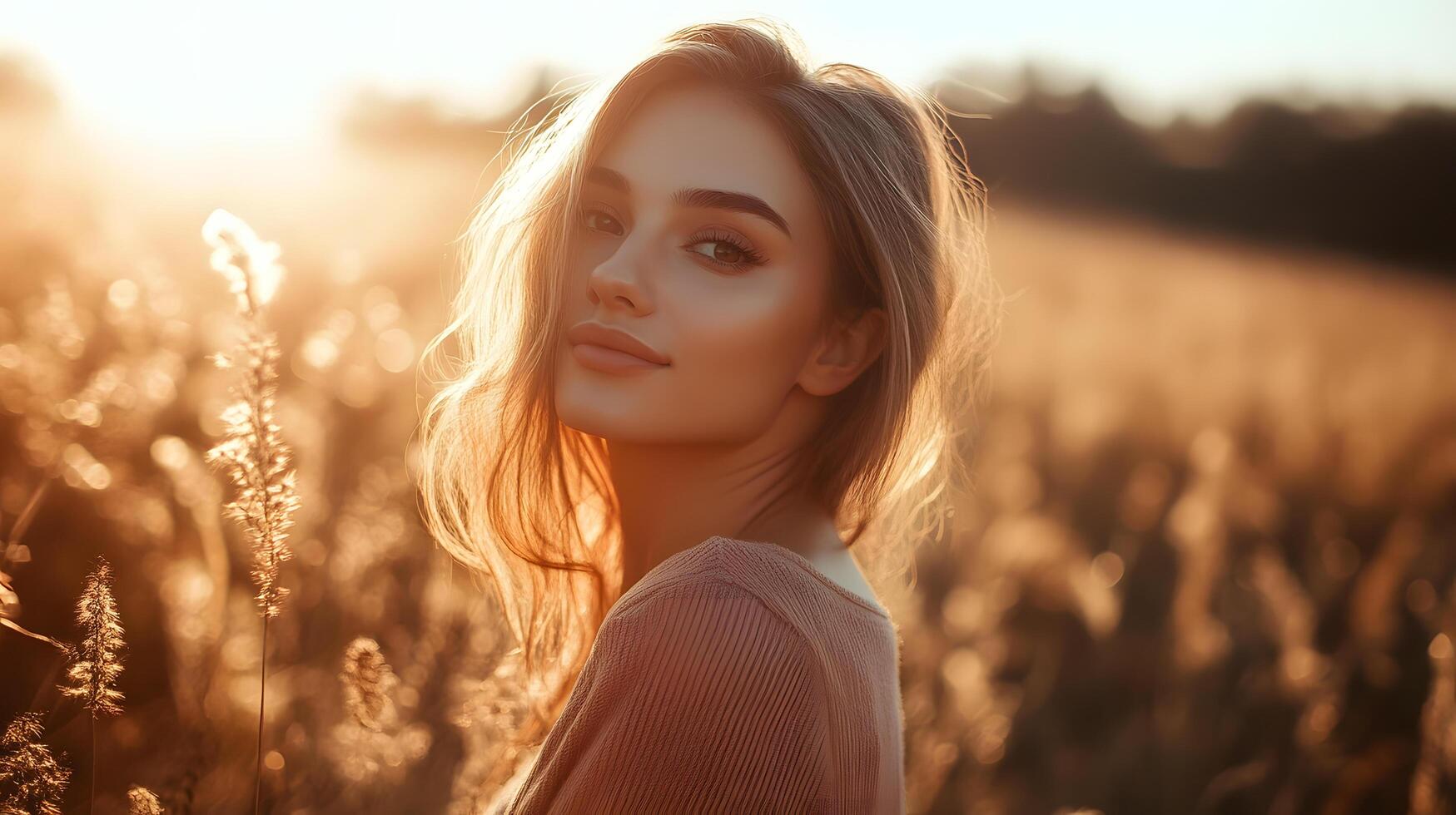 A woman is standing in a field of tall grass, with the sun shining on her face photo