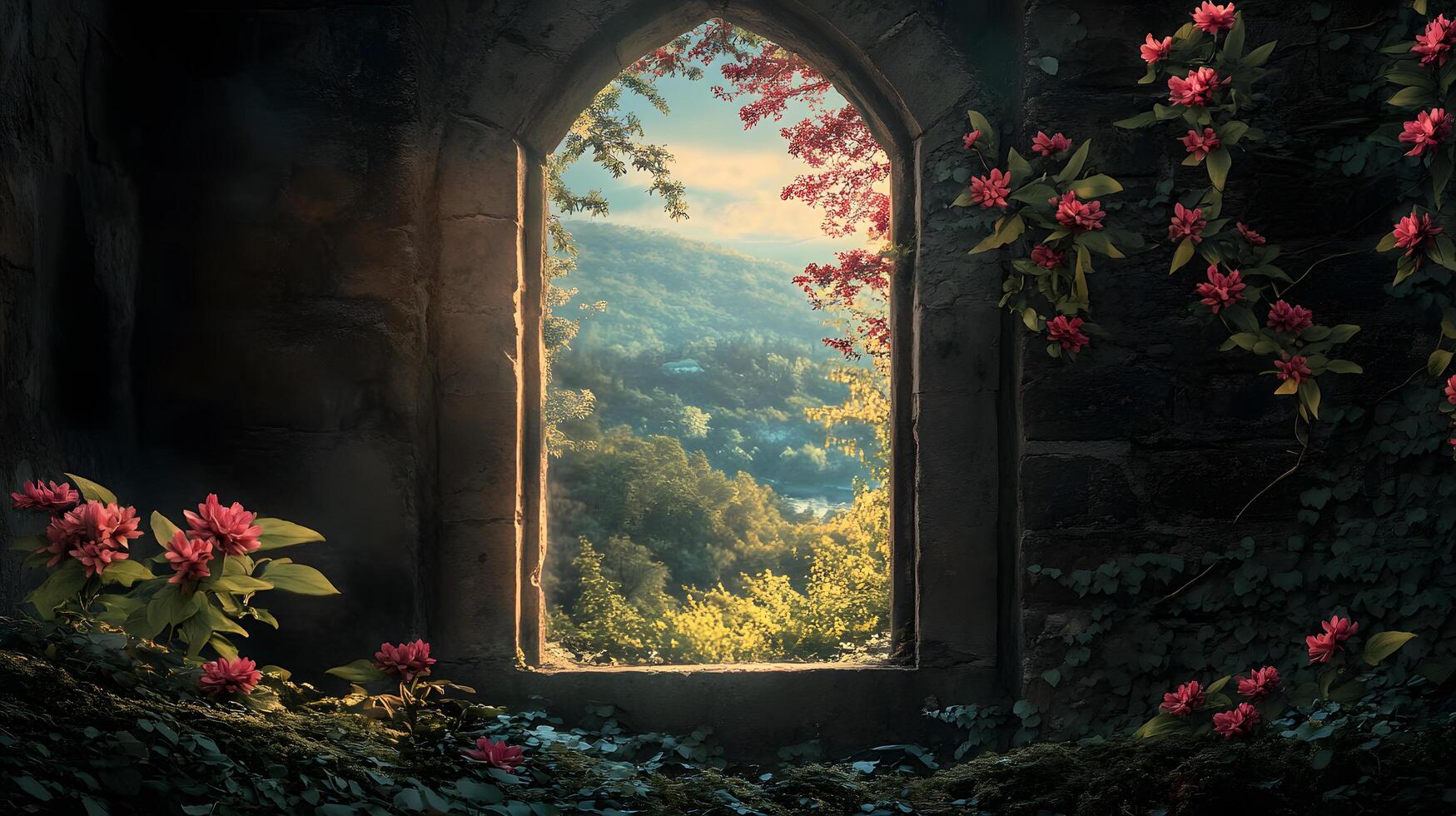 A window in a castle wall with a view of a lush green valley photo