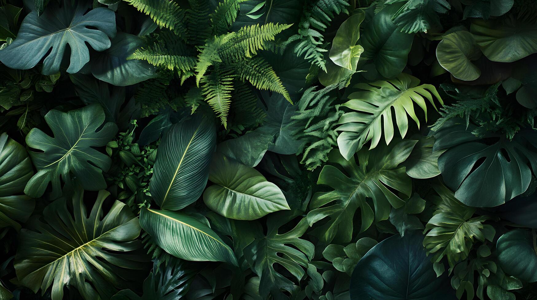 A lush green jungle with many different types of plants and leaves photo