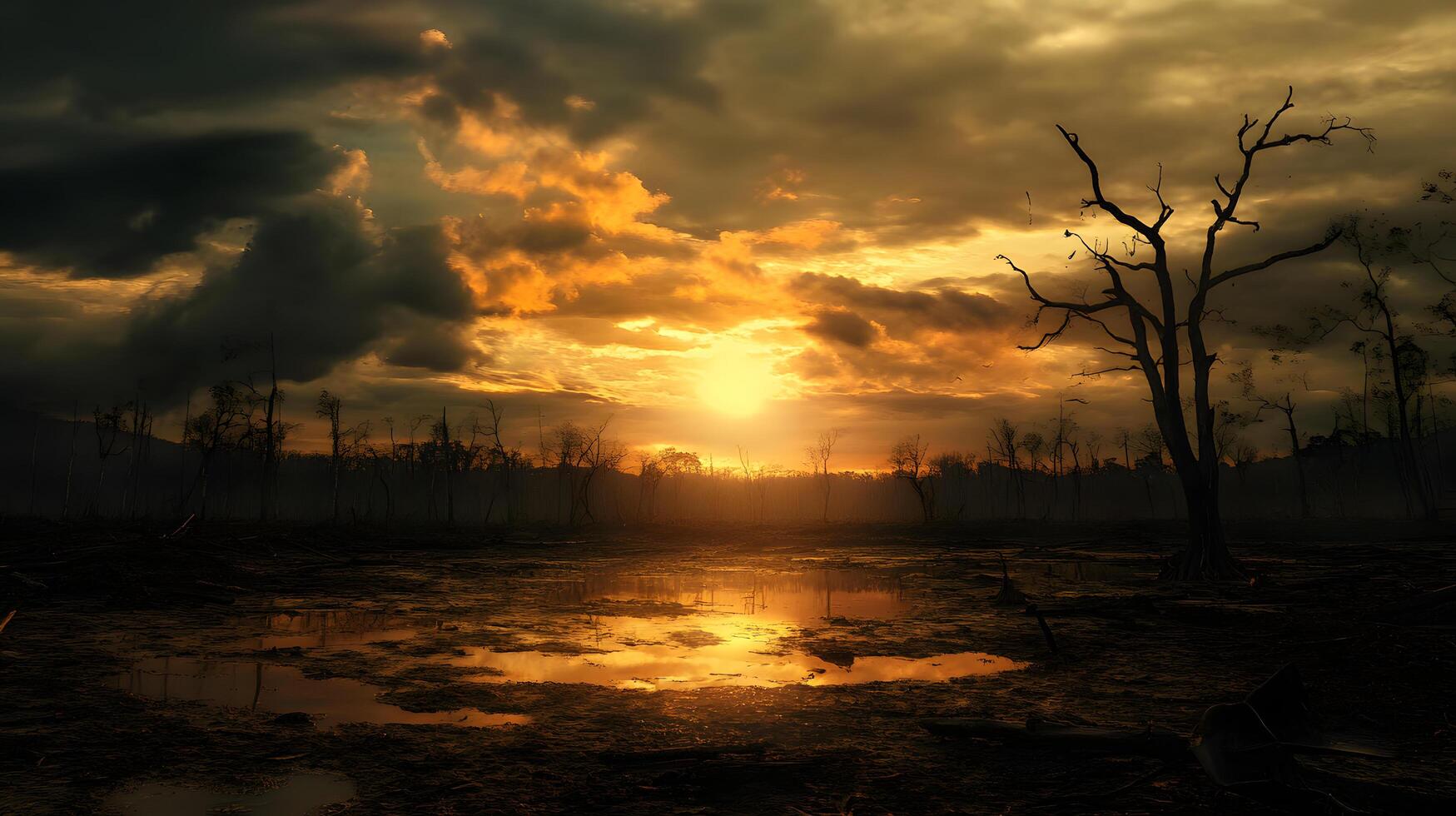 A desolate landscape with a large tree in the foreground photo