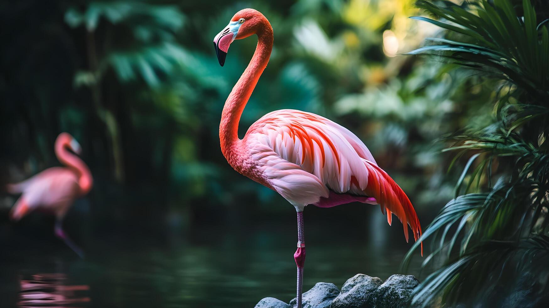 A pink flamingo stands in a pond with green foliage photo