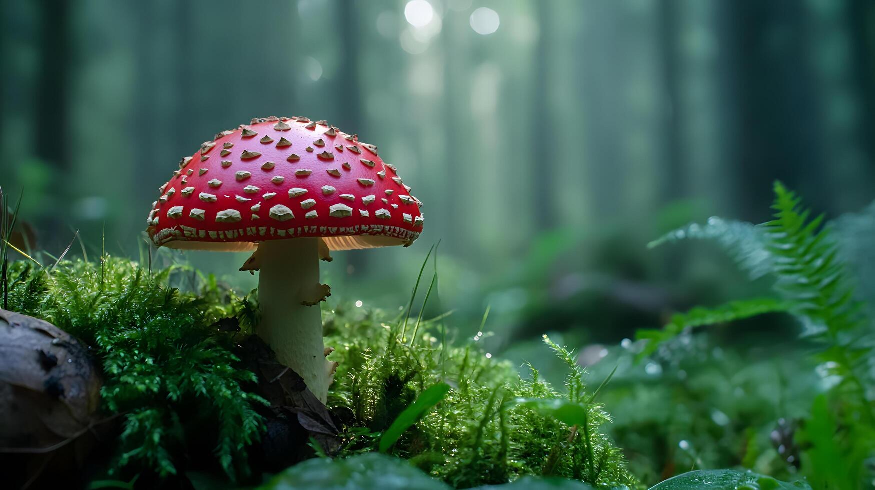 A red mushroom with white spots sits on a mossy forest floor photo