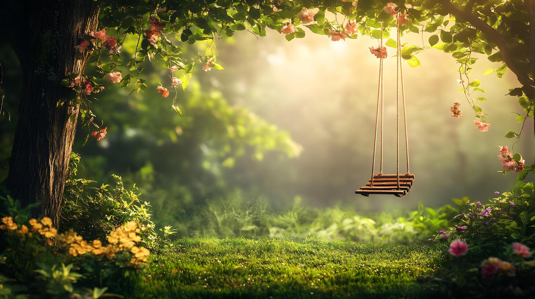 A swing is hanging from a tree in a lush green field photo