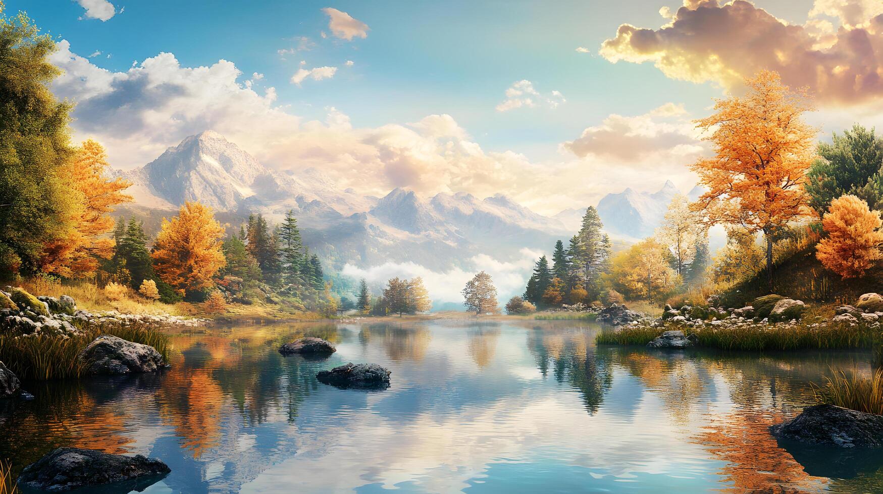 A beautiful landscape with a lake and mountains in the background photo