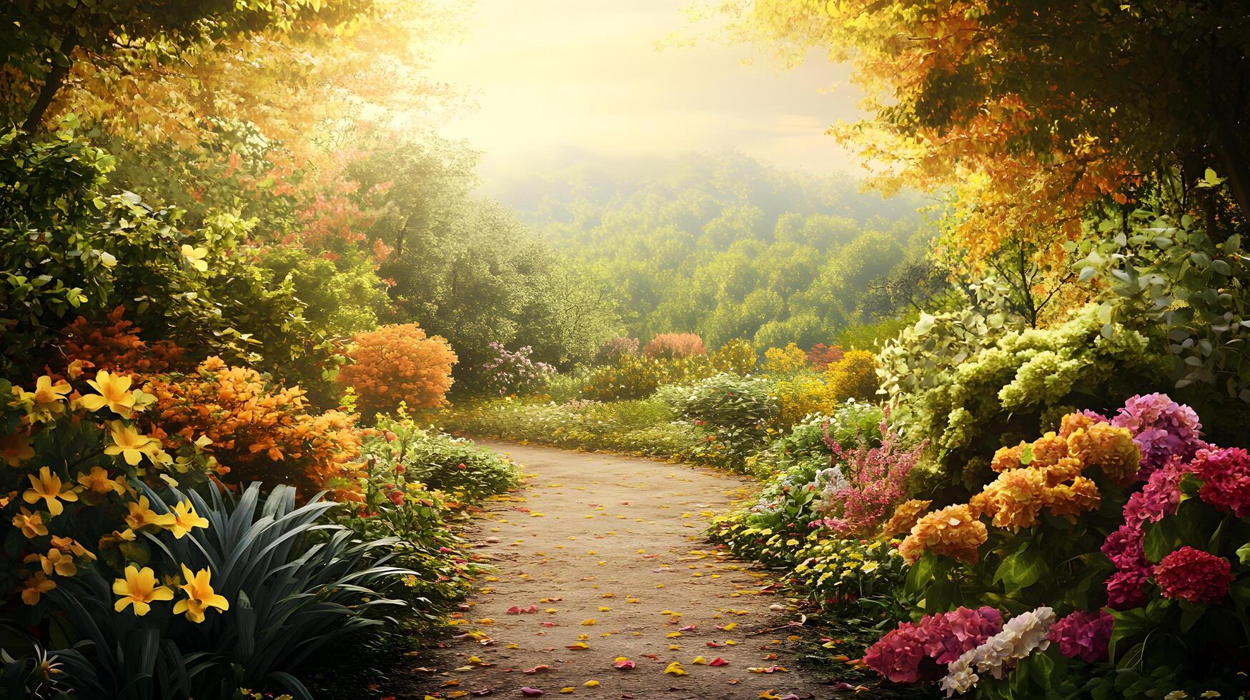 A path through a garden with many flowers and trees photo
