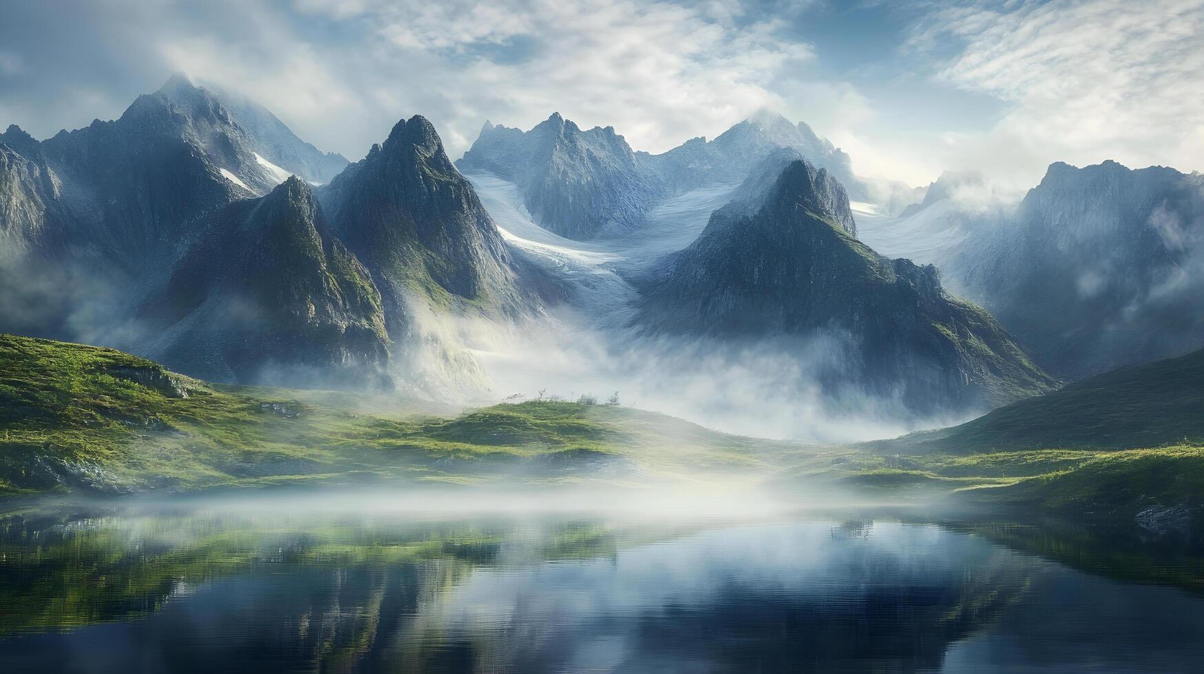 A mountain range with a lake in the foreground photo
