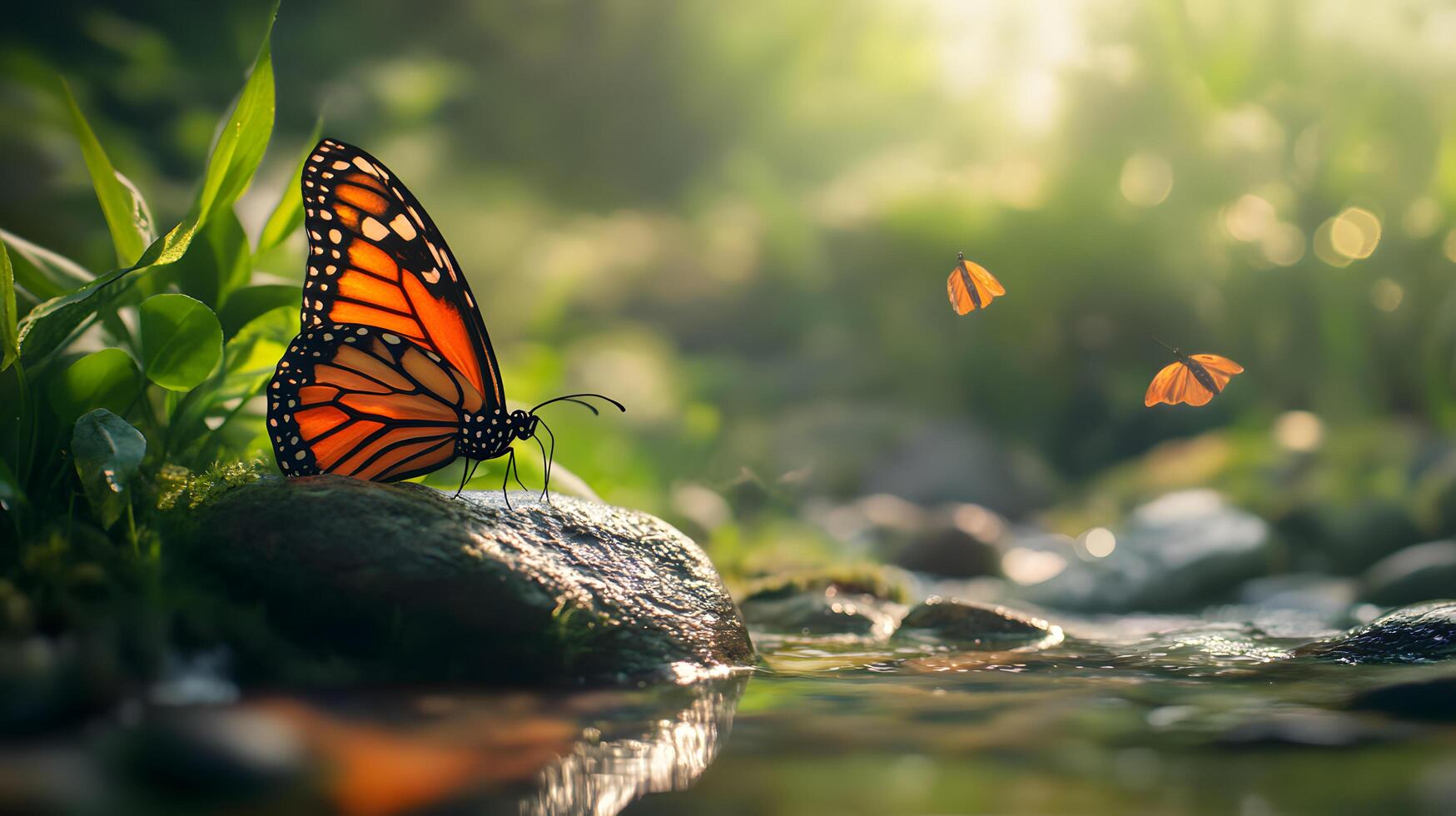 A butterfly is sitting on a rock near a stream photo