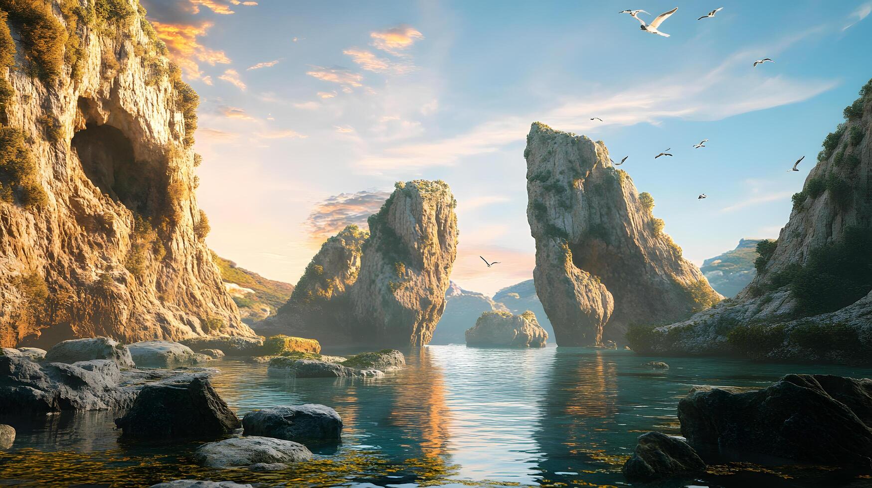 A beautiful ocean scene with a rocky shoreline and a few birds flying in the sky photo