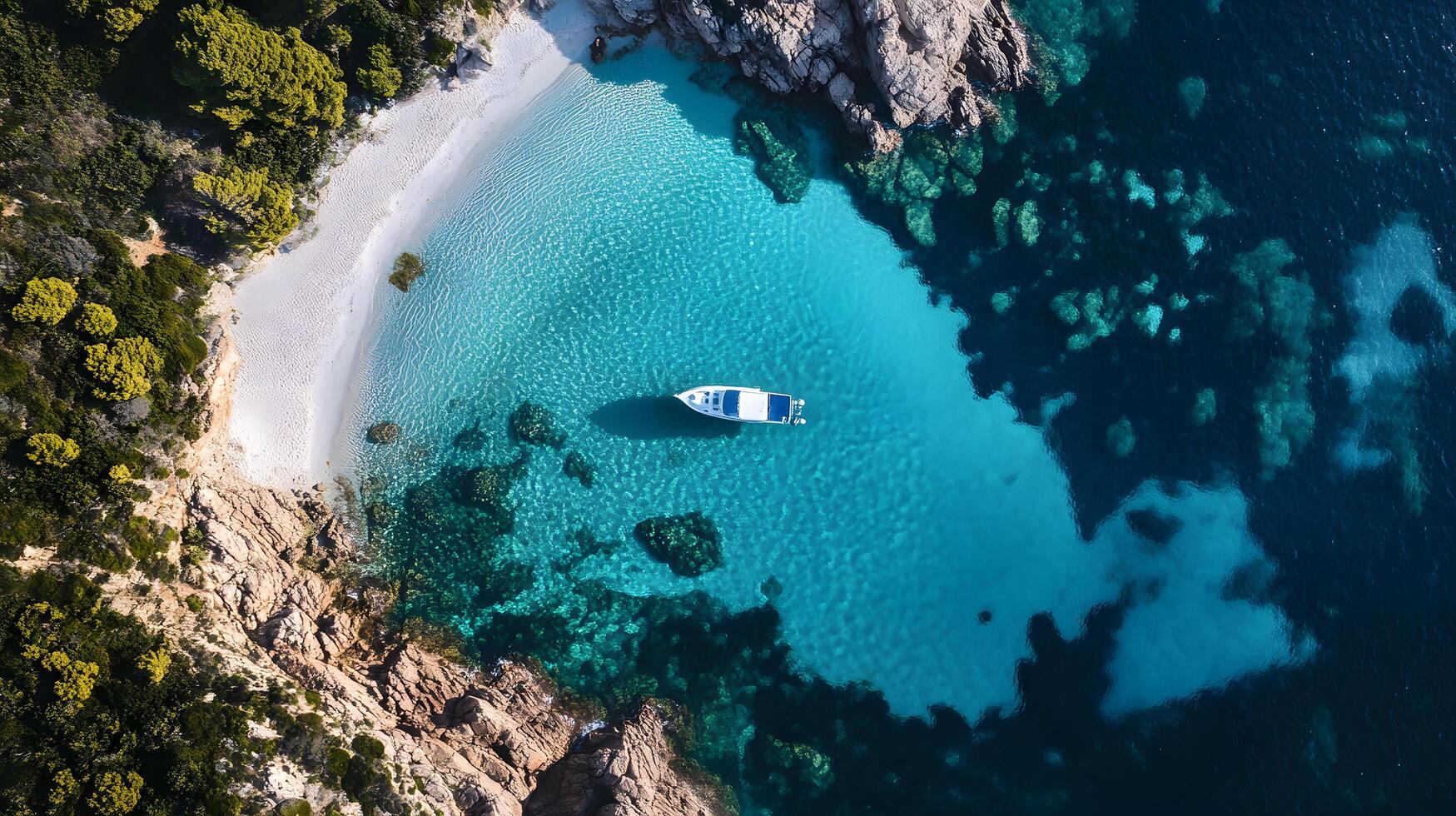A boat is floating in a blue ocean with a rocky shoreline photo