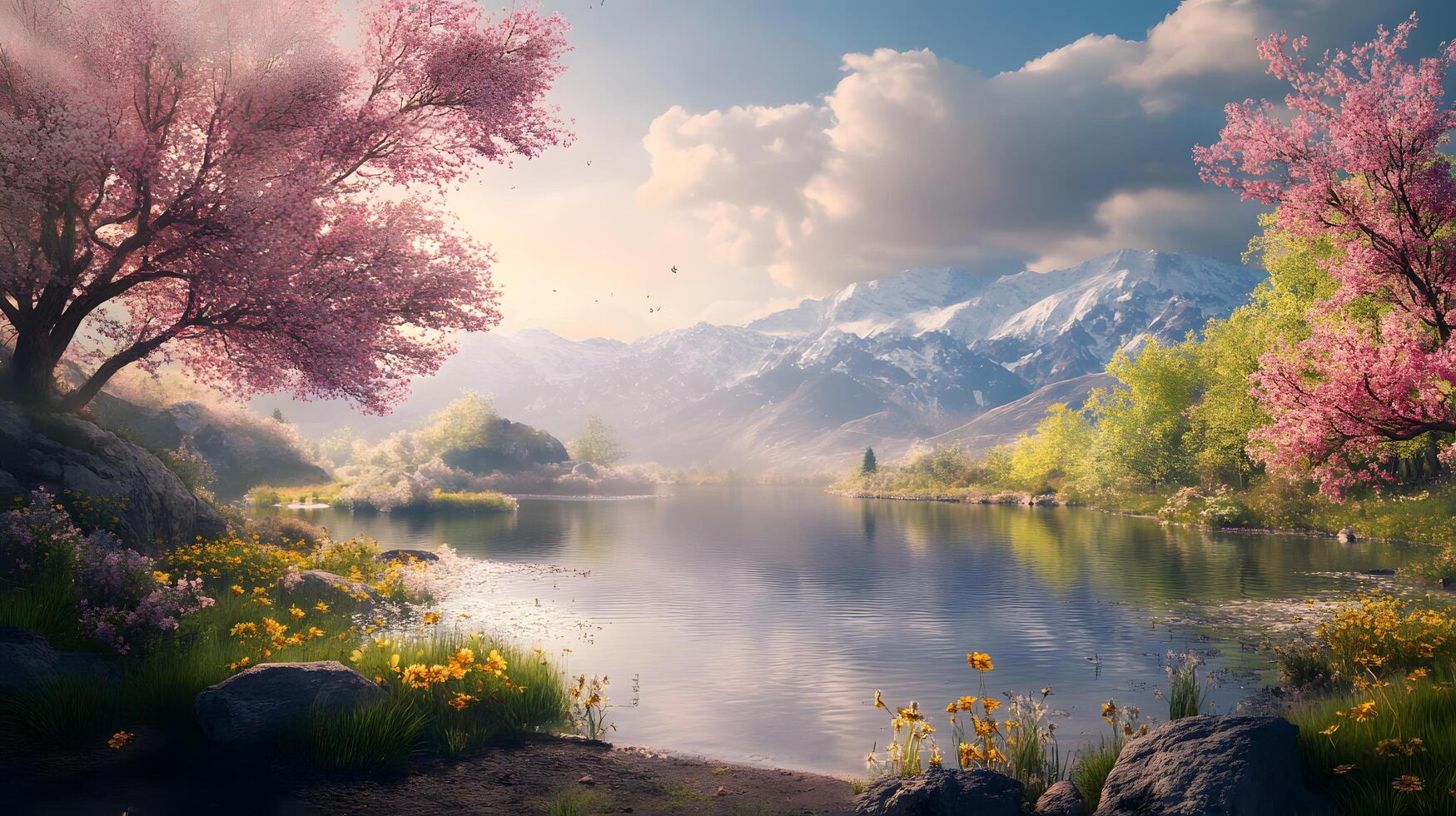 A beautiful landscape with a river and mountains in the background photo