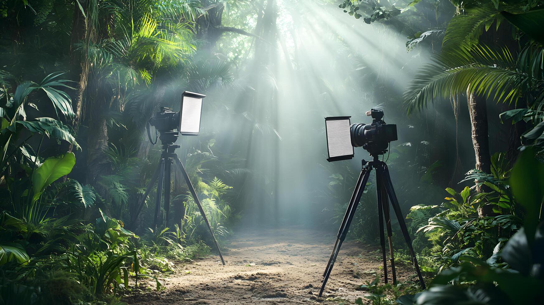 Two cameras are set up in a jungle, with the sun shining through the trees photo
