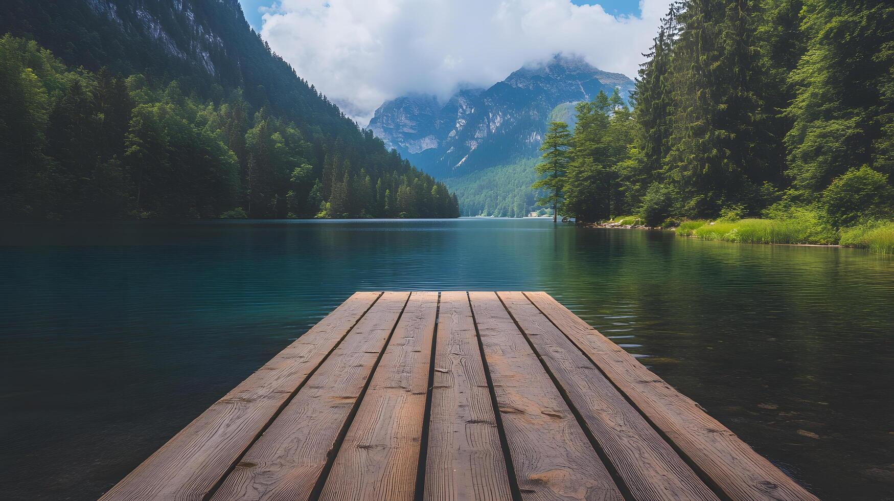 A wooden dock sits on a lake with a view of mountains in the background photo