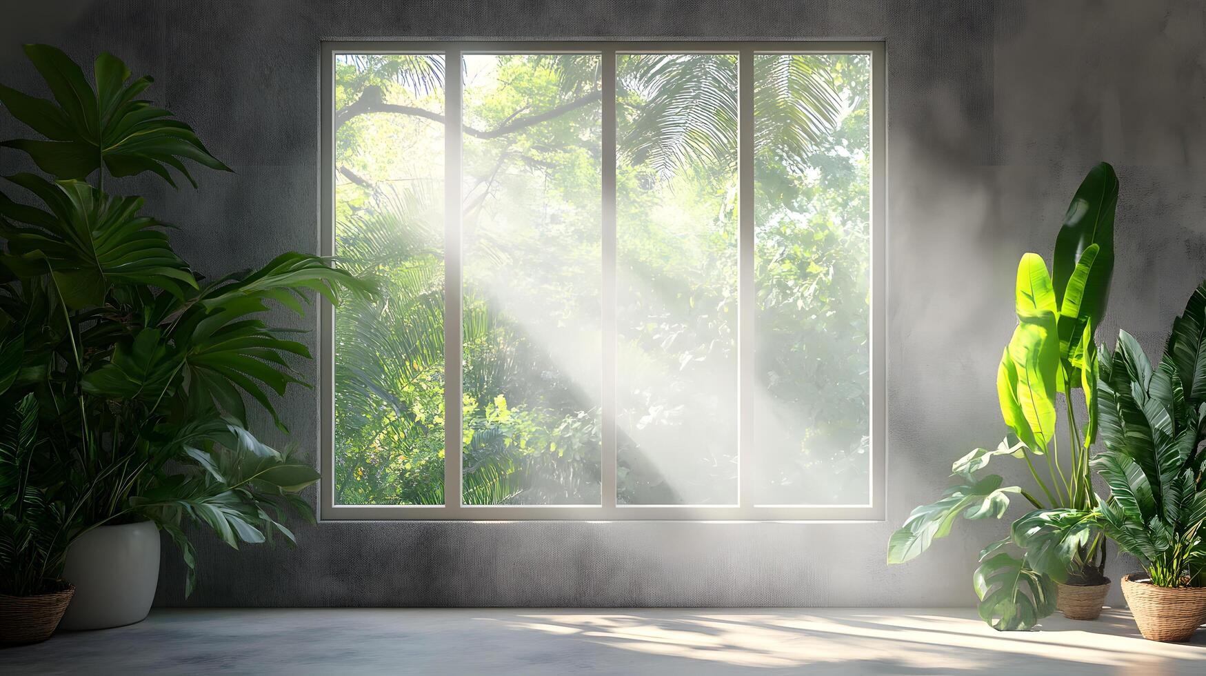 A window with a view of trees and plants photo