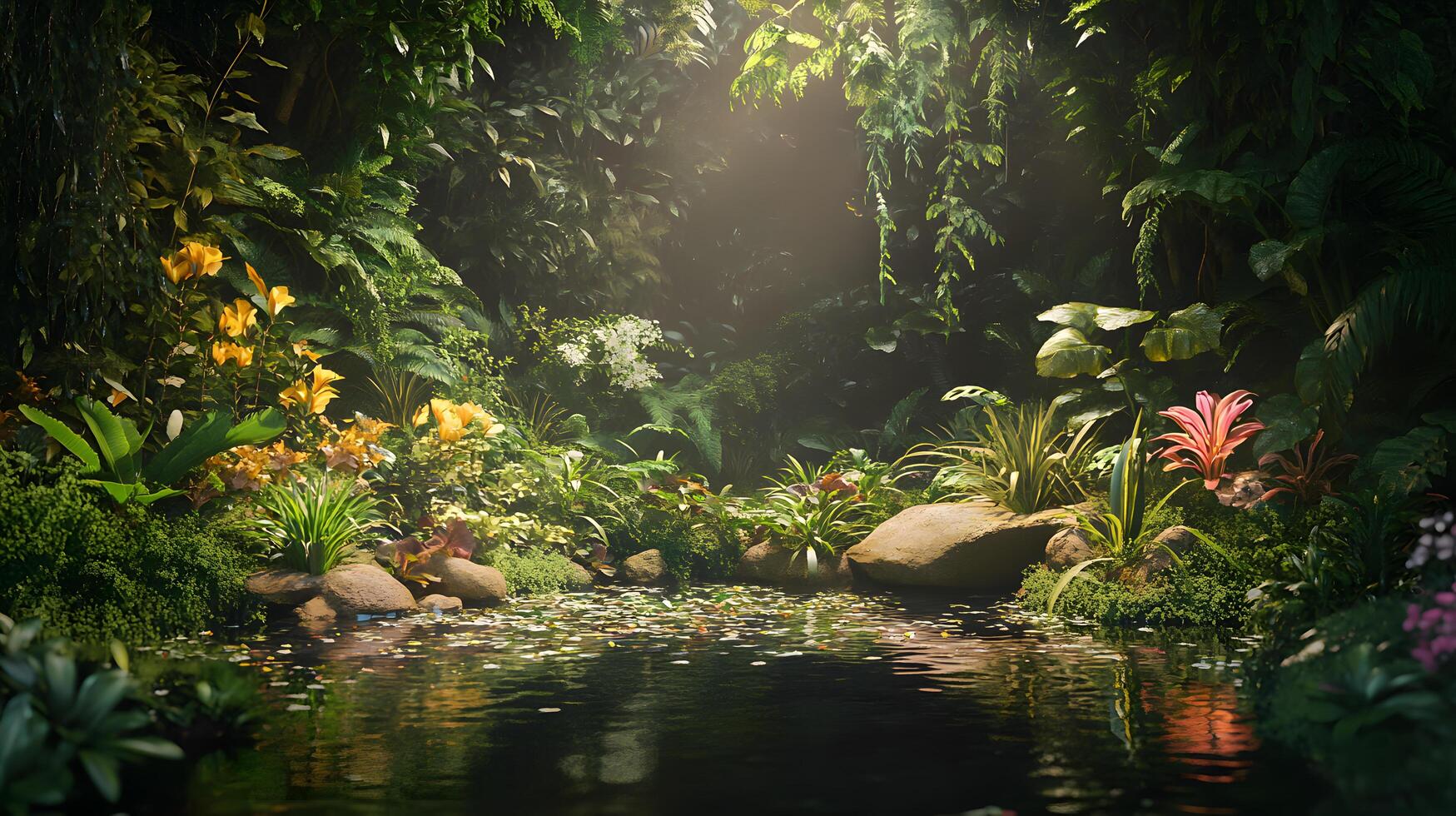A lush jungle with a small stream running through it photo