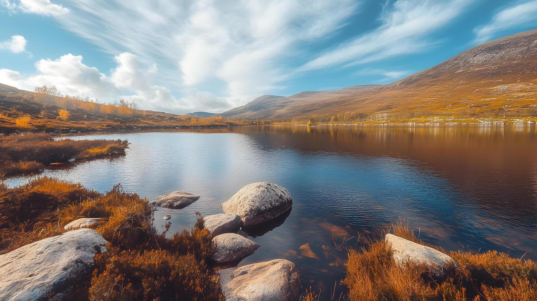 A beautiful lake surrounded by rocks and trees photo