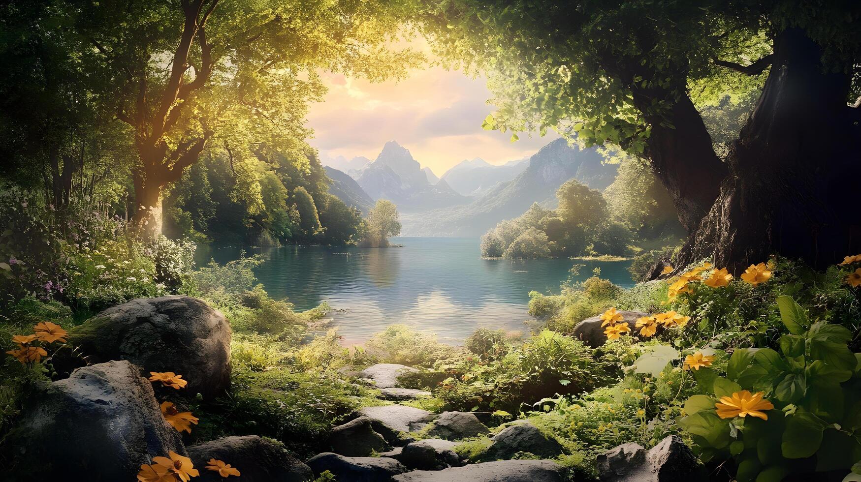 A beautiful forest with a lake in the background photo