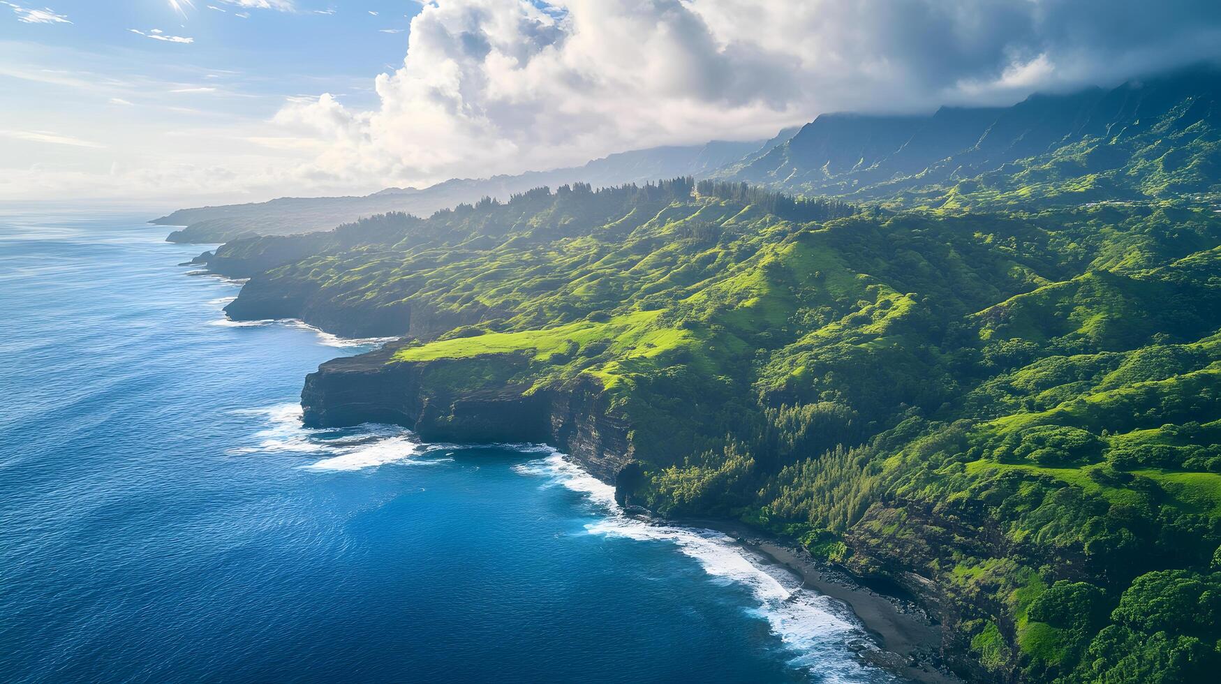 A beautiful view of the ocean and mountains with a clear blue sky photo