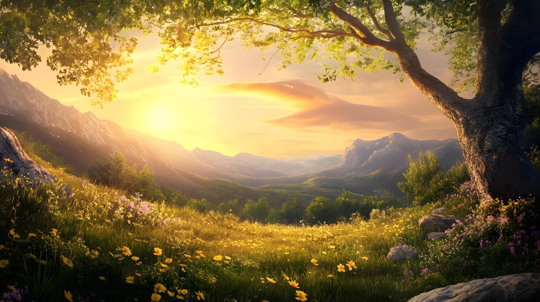 A beautiful landscape with a large tree in the foreground photo