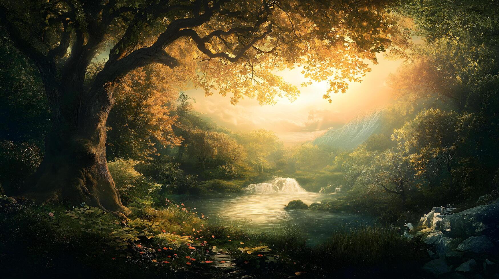 A beautiful forest scene with a large tree in the foreground photo