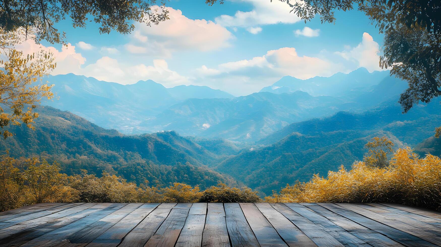 A beautiful mountain view with a wooden deck overlooking the mountains photo